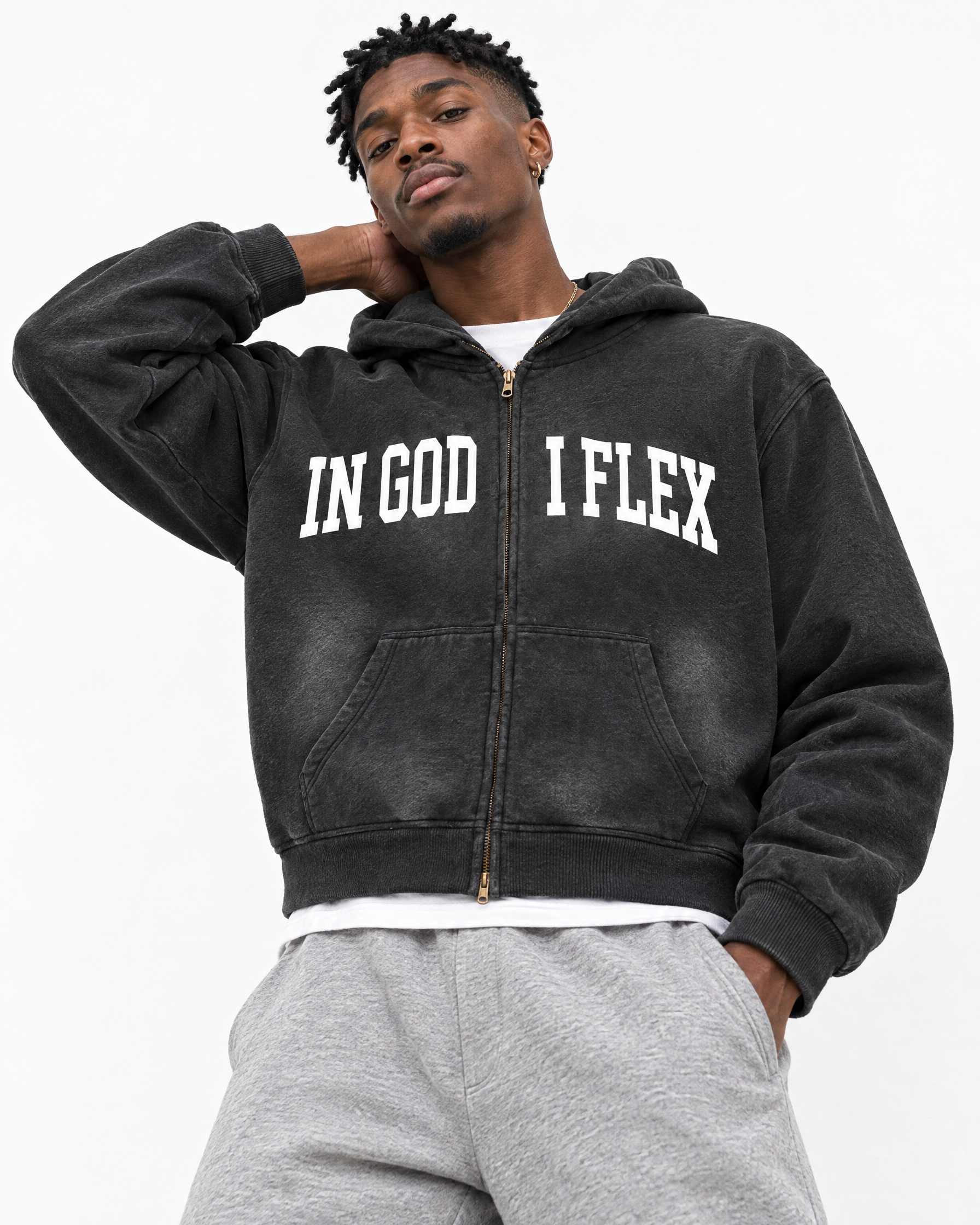 IGIF Sunfade Two-Way Zip Hoodie in Black, worn by a model