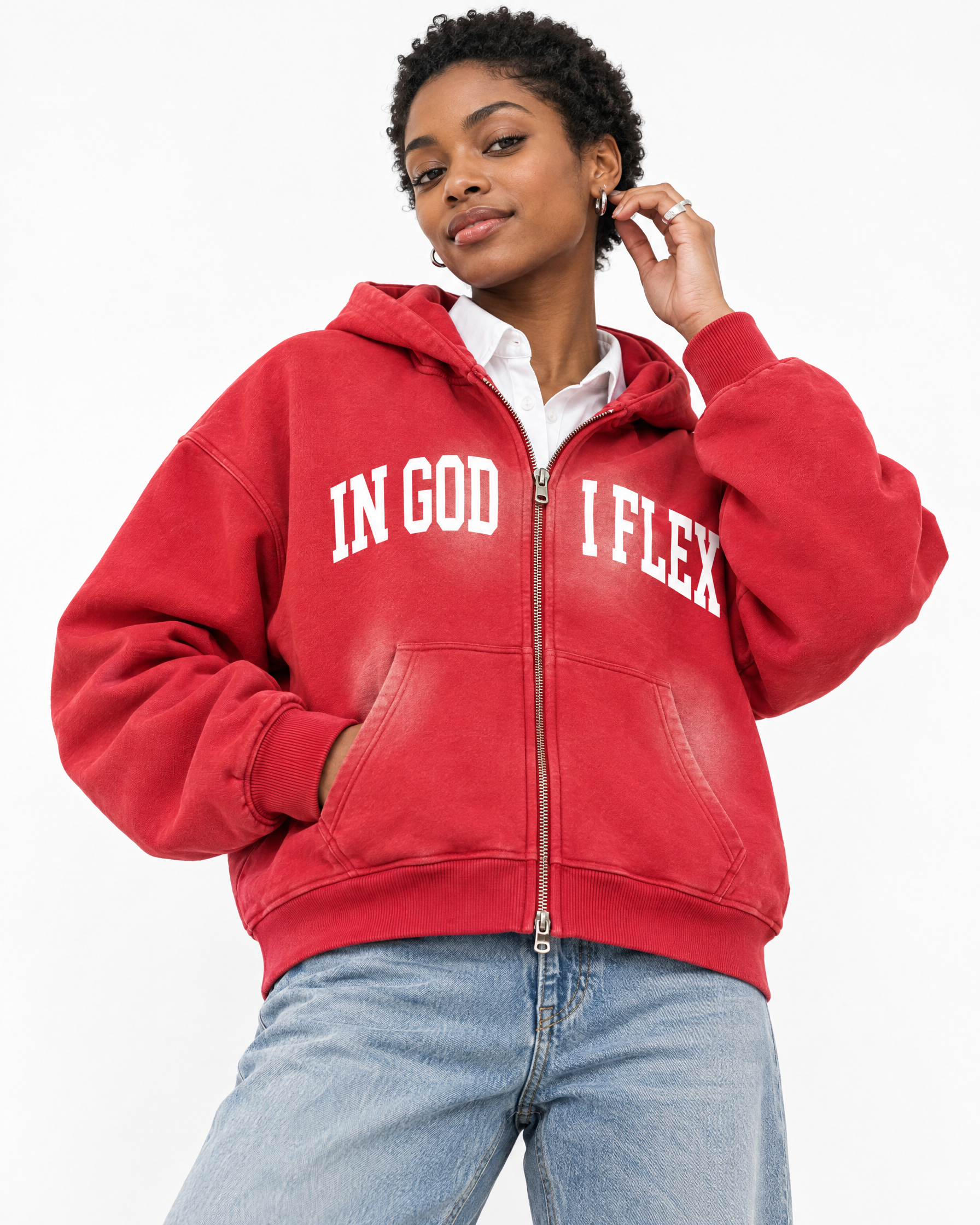 IGIF Sunfade Two-Way Zip Hoodie in Red, worn by a model
