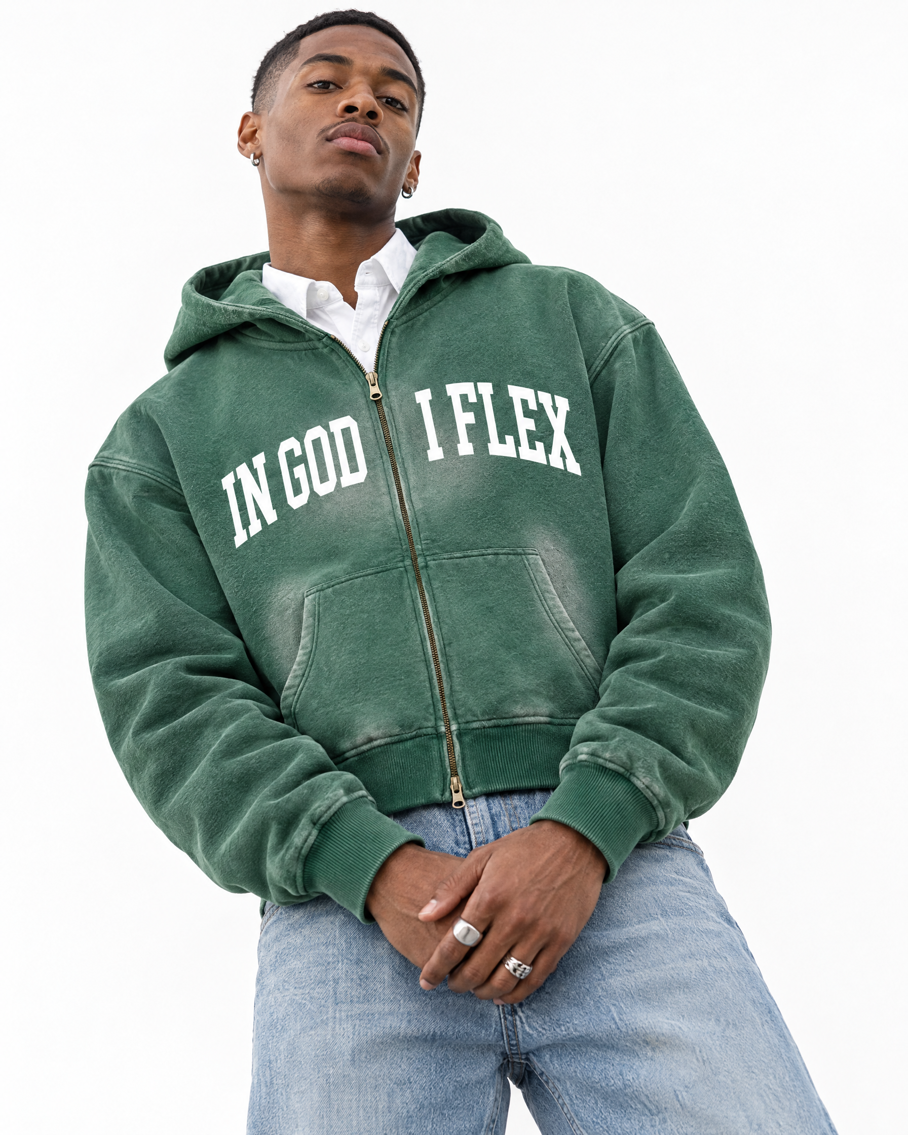 IGIF Sunfade Two-Way Zip Hoodie in Dark Green, worn by a model