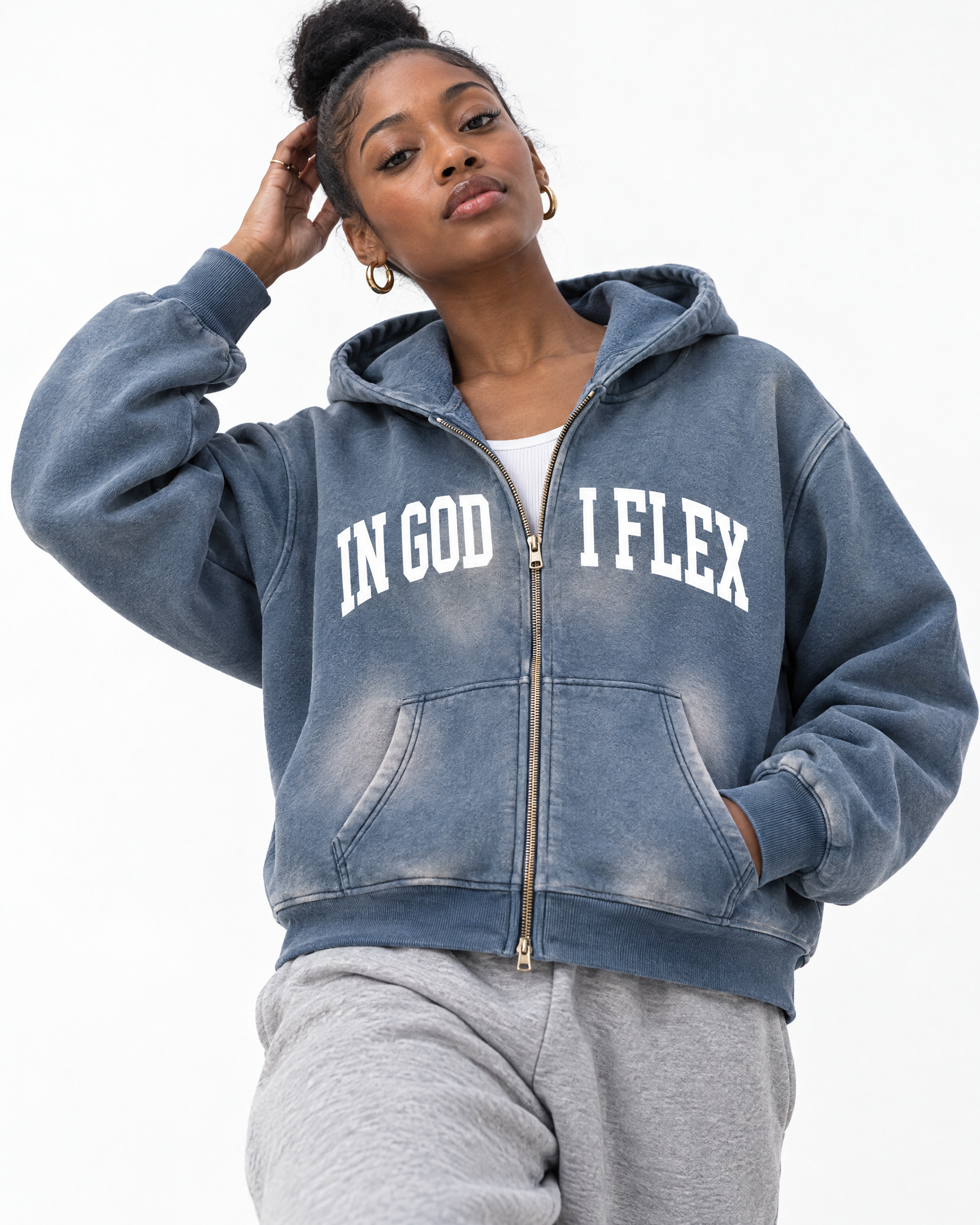 IGIF Sunfade Two-Way Zip Hoodie in Haze Blue, worn by a model