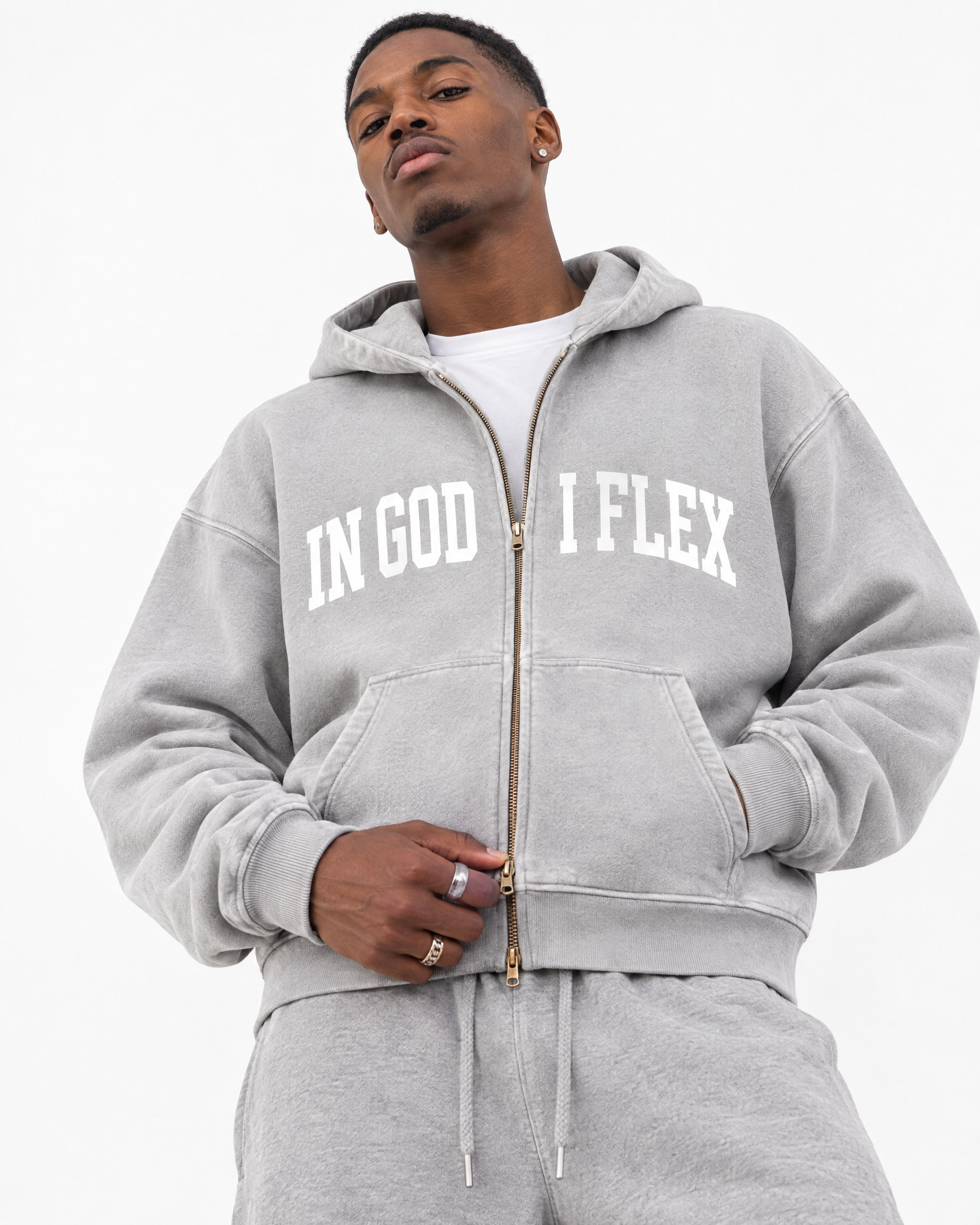 IGIF Sunfade Two-Way Zip Hoodie in Light Gray, worn by a model