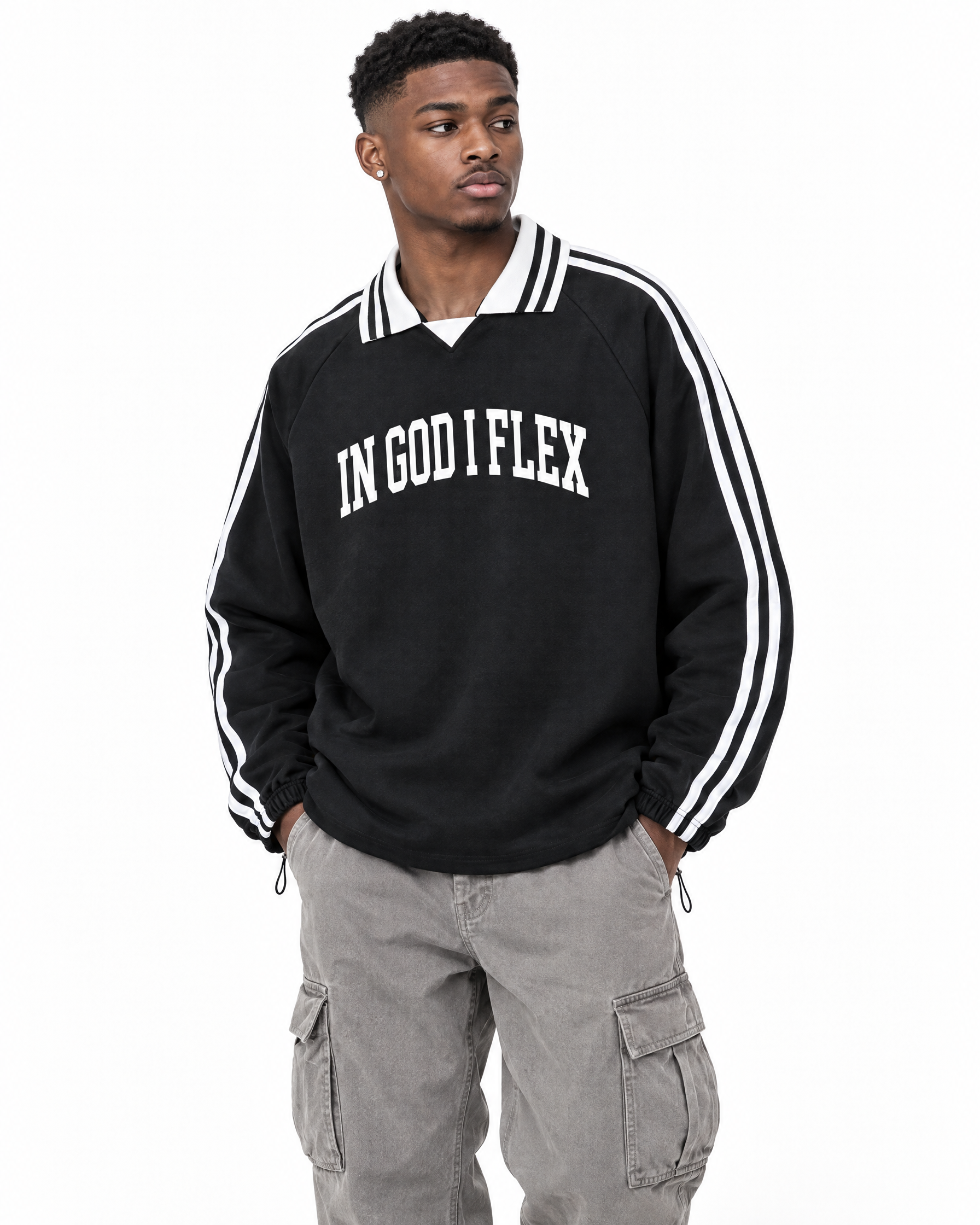 IGIF Varsity Collar Sweatshirt in Black, worn by a model
