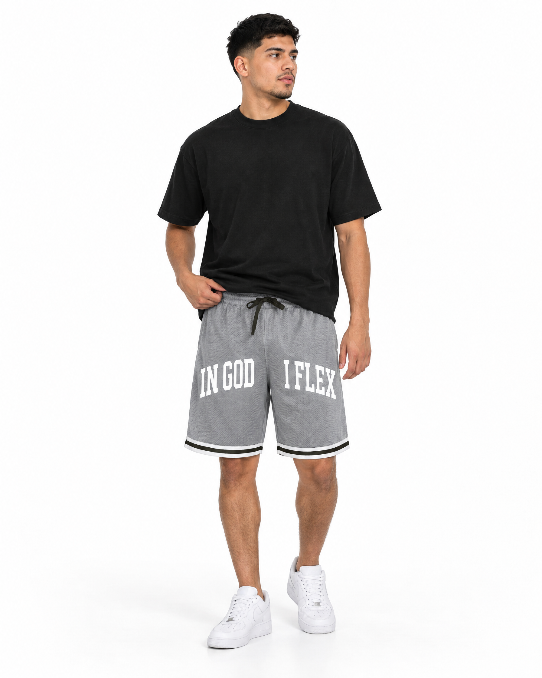IGIF Stripe Trim Shorts in Gray, worn by a model