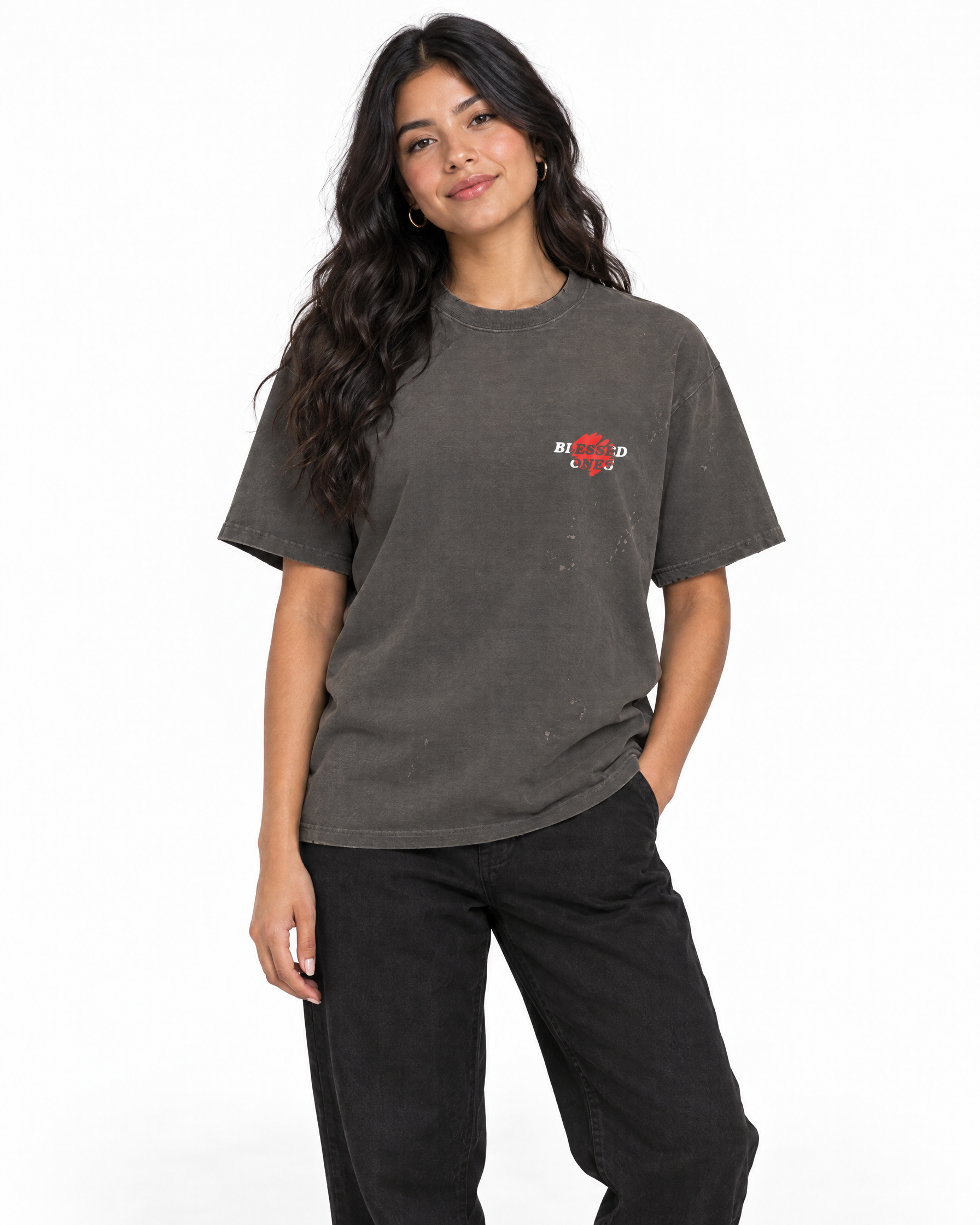 Never Alone Tee — Hand-Frayed Sunfade in Gray, worn by a model