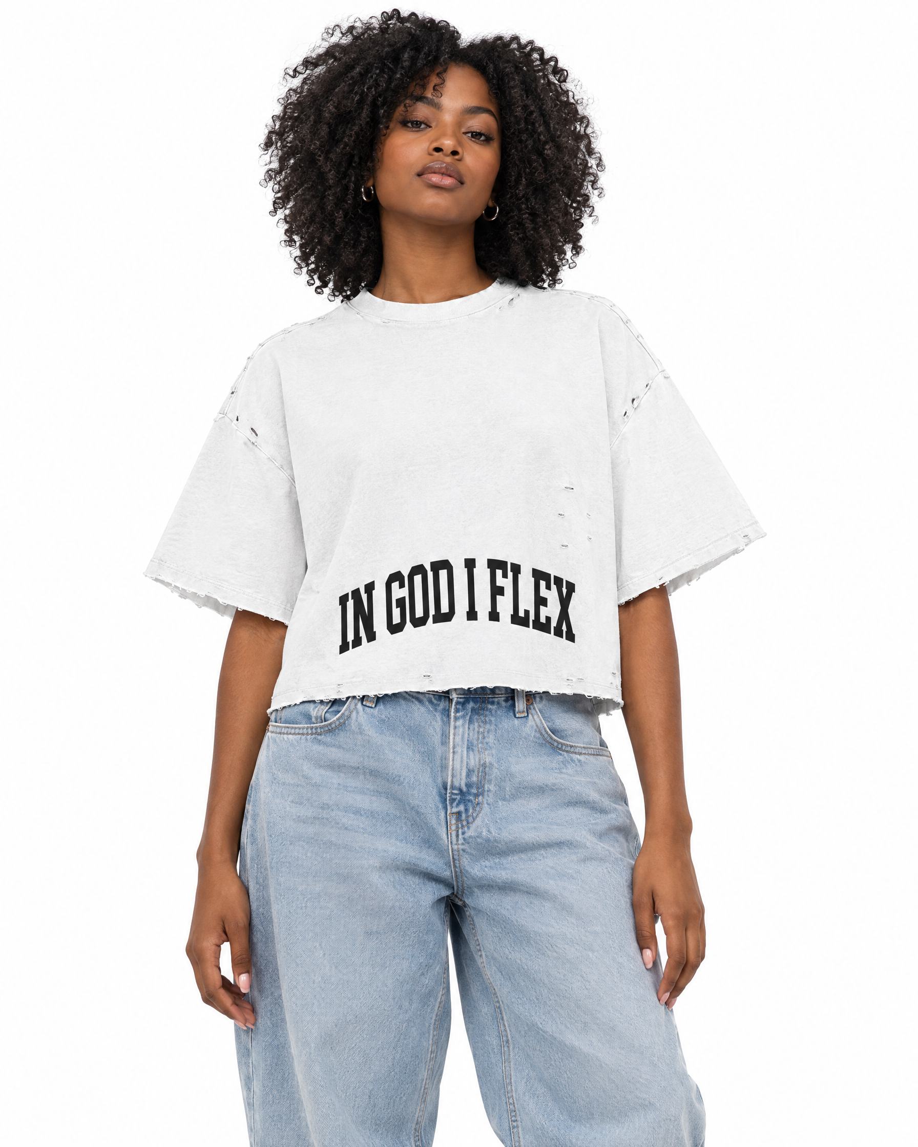 IGIF Frayed Boxy Tee in White, worn by a model