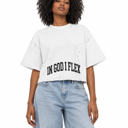 IGIF Frayed Boxy Tee in White, worn by a model