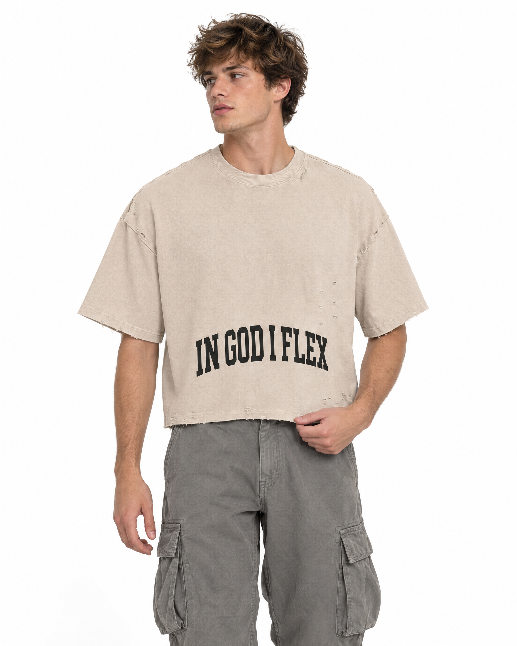 IGIF Frayed Boxy Tee in Apricot, worn by a model