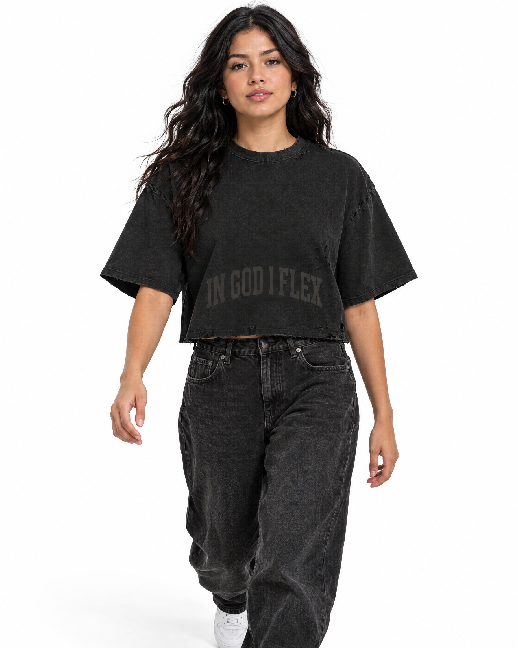 IGIF Frayed Boxy Tee in Black, worn by a model