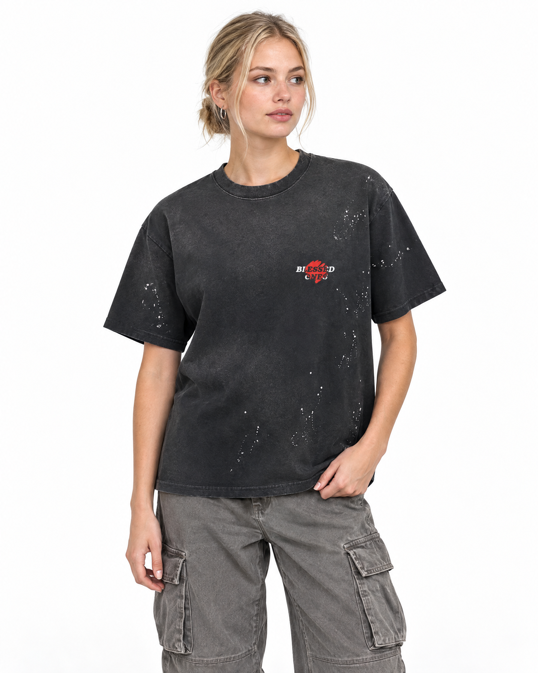 Never Alone Tee — Hand-Frayed Sunfade in Black, worn by a model