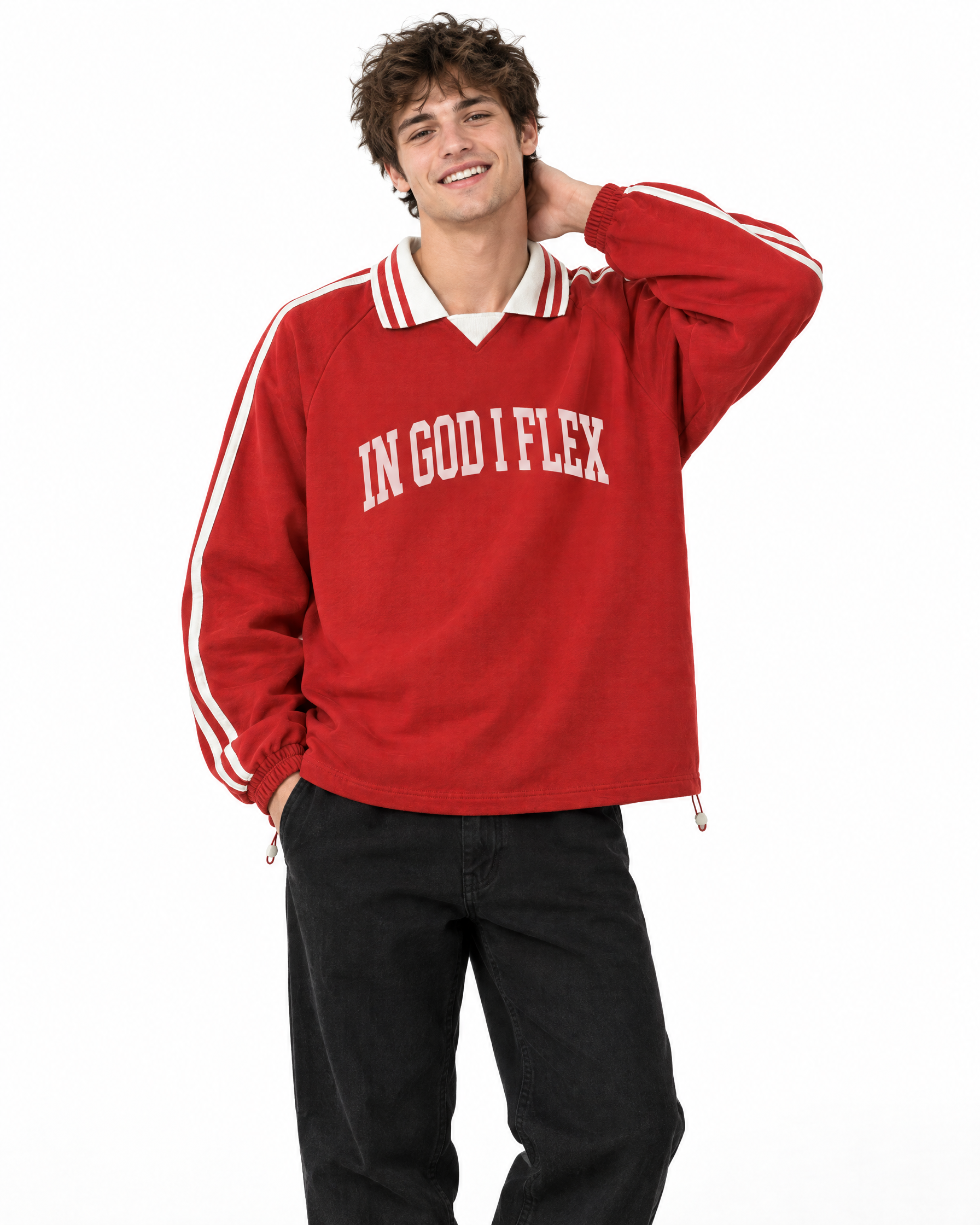 IGIF Varsity Collar Sweatshirt in Red, worn by a model
