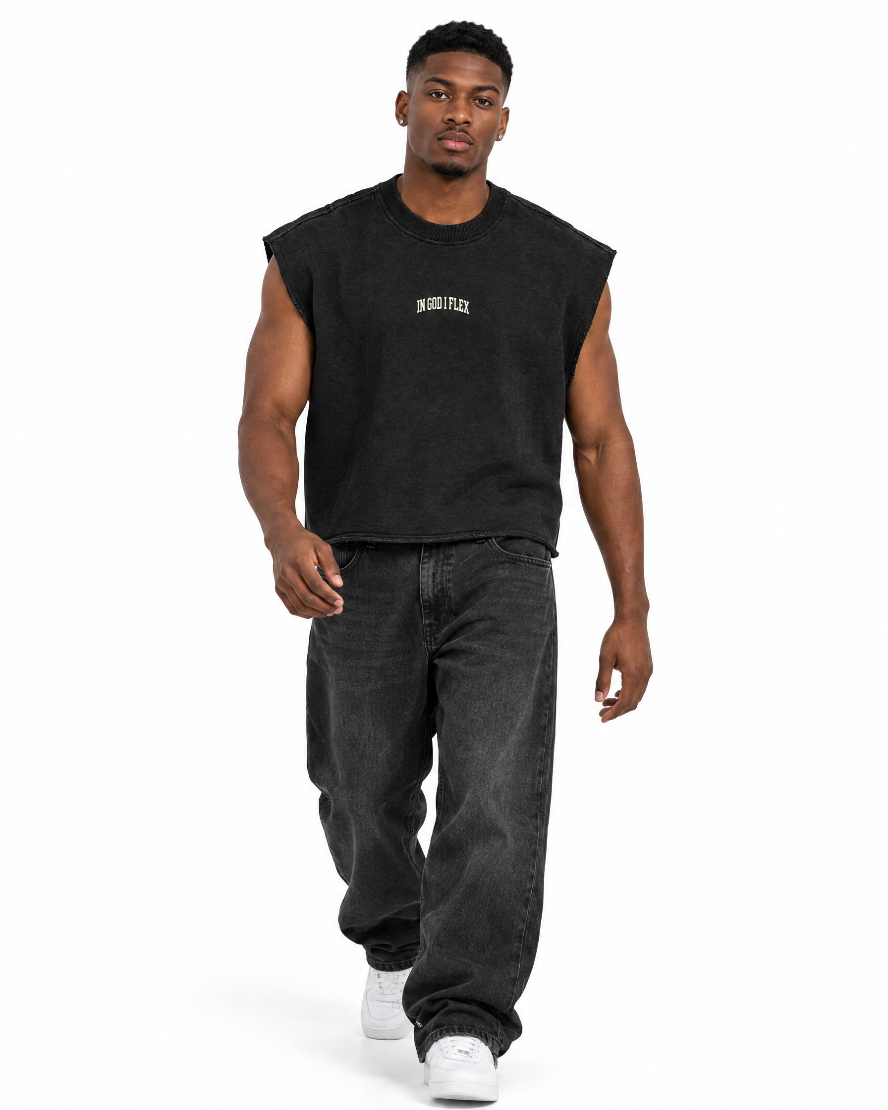 IGIF French Terry Boxy Tank in Black, worn by a model