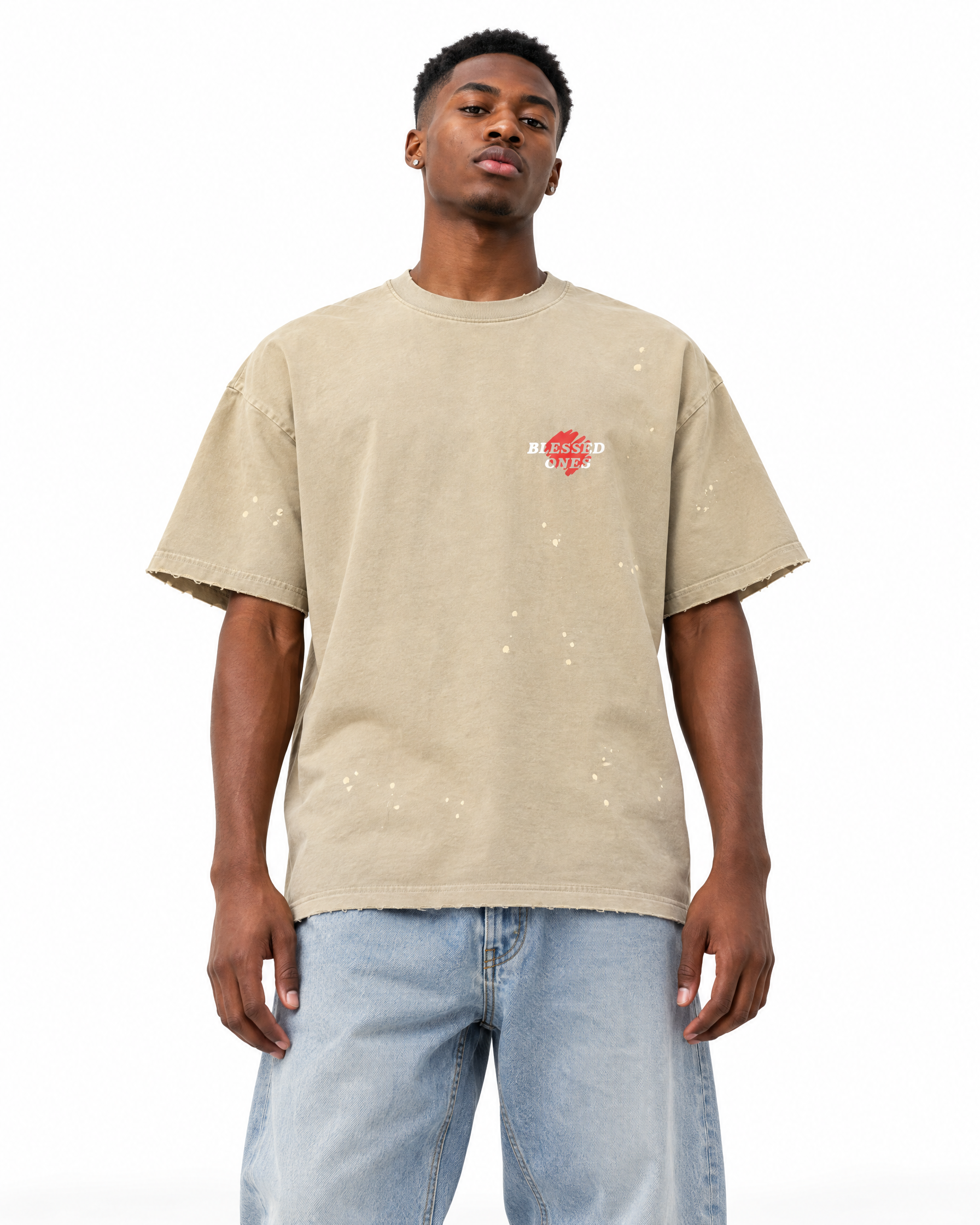 Never Alone Tee — Hand-Frayed Sunfade in Apricot, worn by a model
