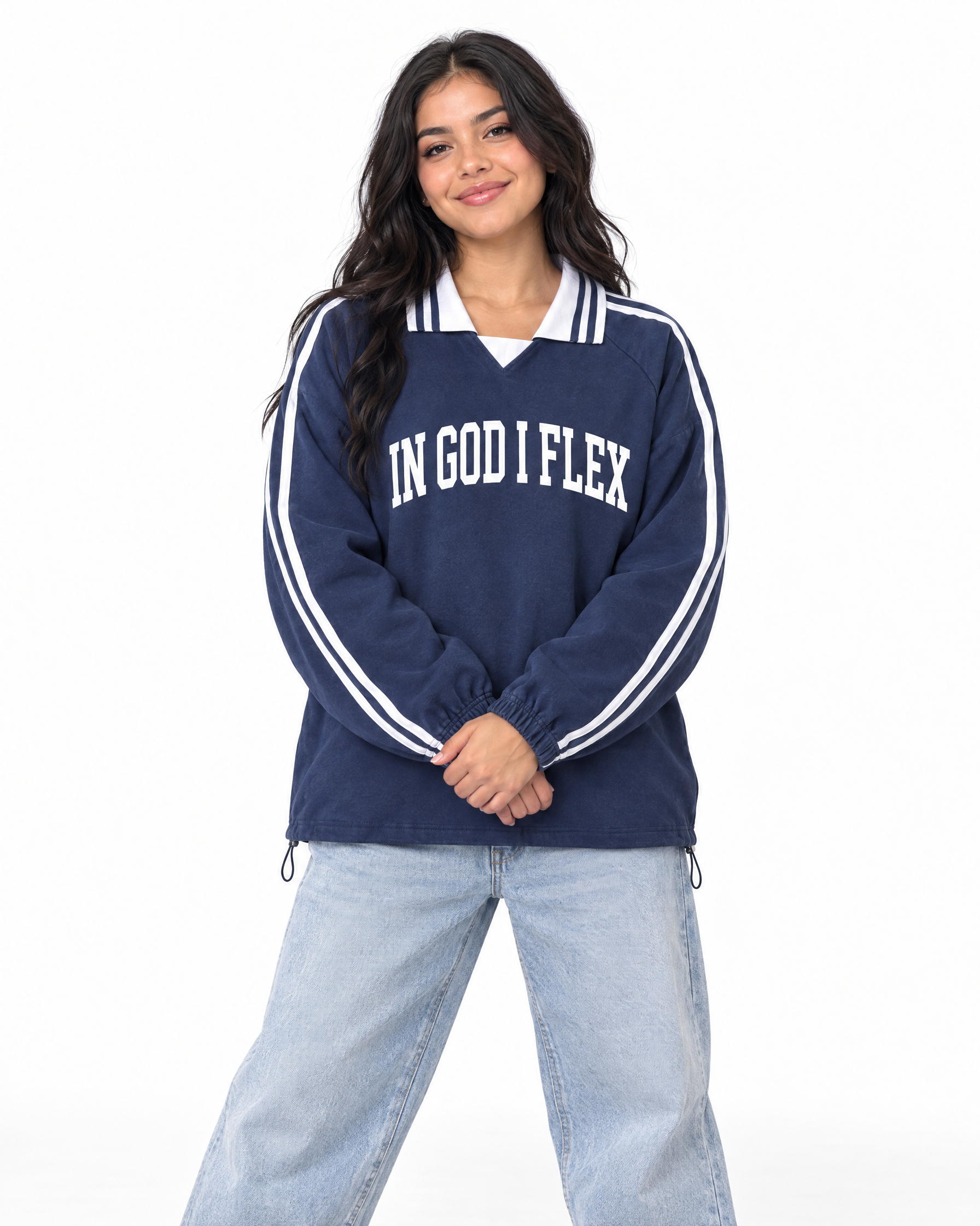 IGIF Varsity Collar Sweatshirt in Royal Blue, worn by a model
