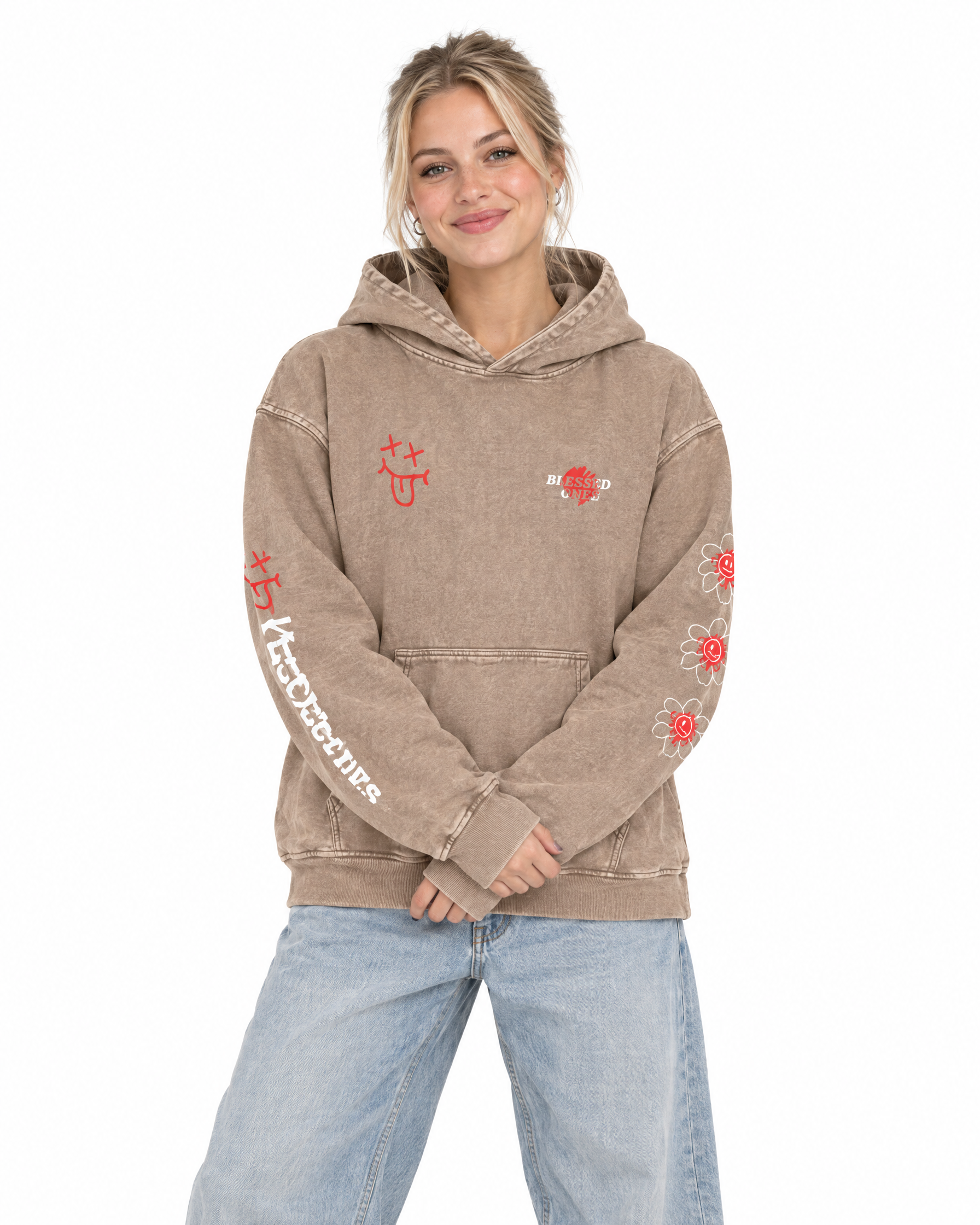 Never Alone Hoodie — Snow Wash in Sand, worn by a model