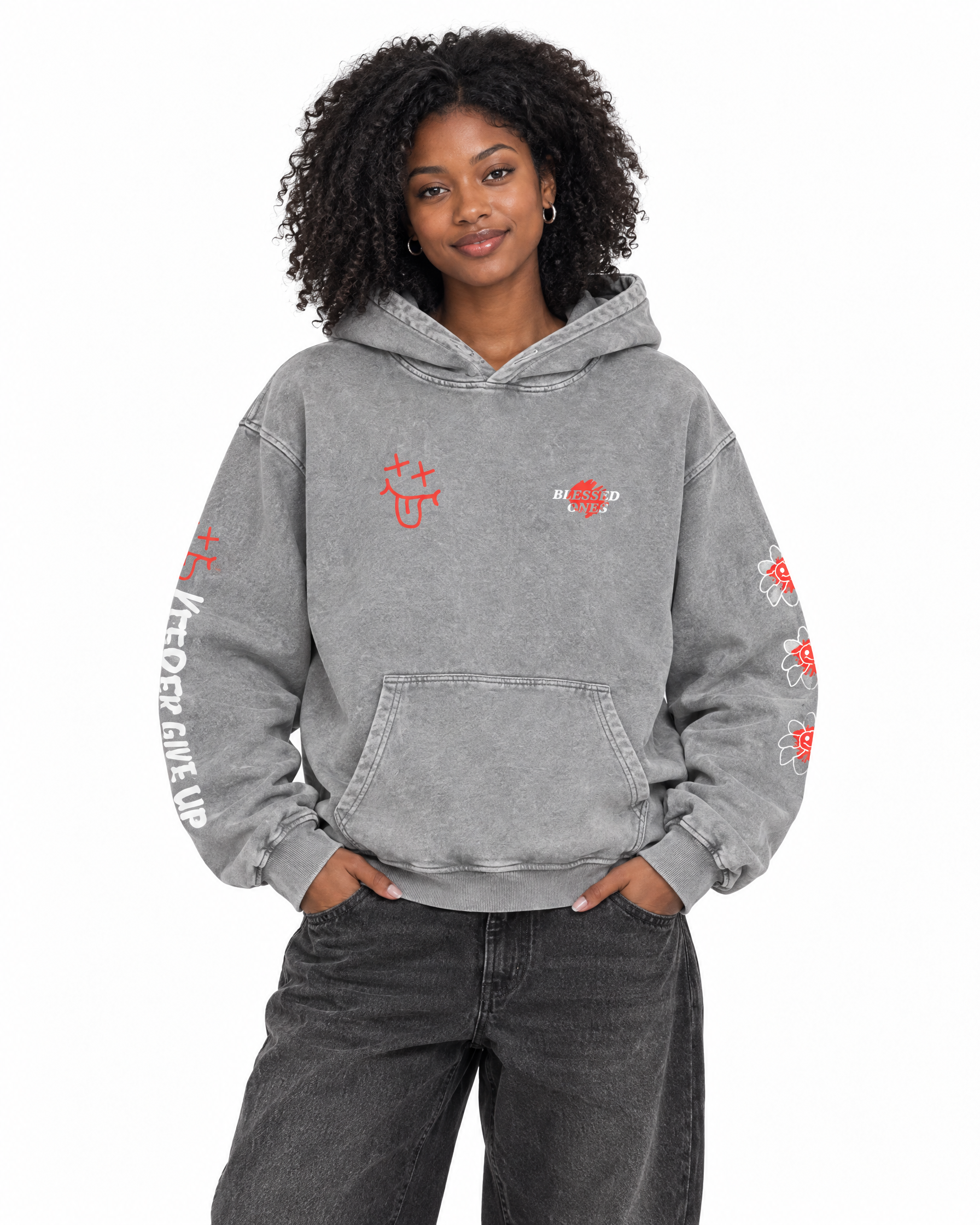 Never Alone Hoodie — Snow Wash in Light Gray, worn by a model
