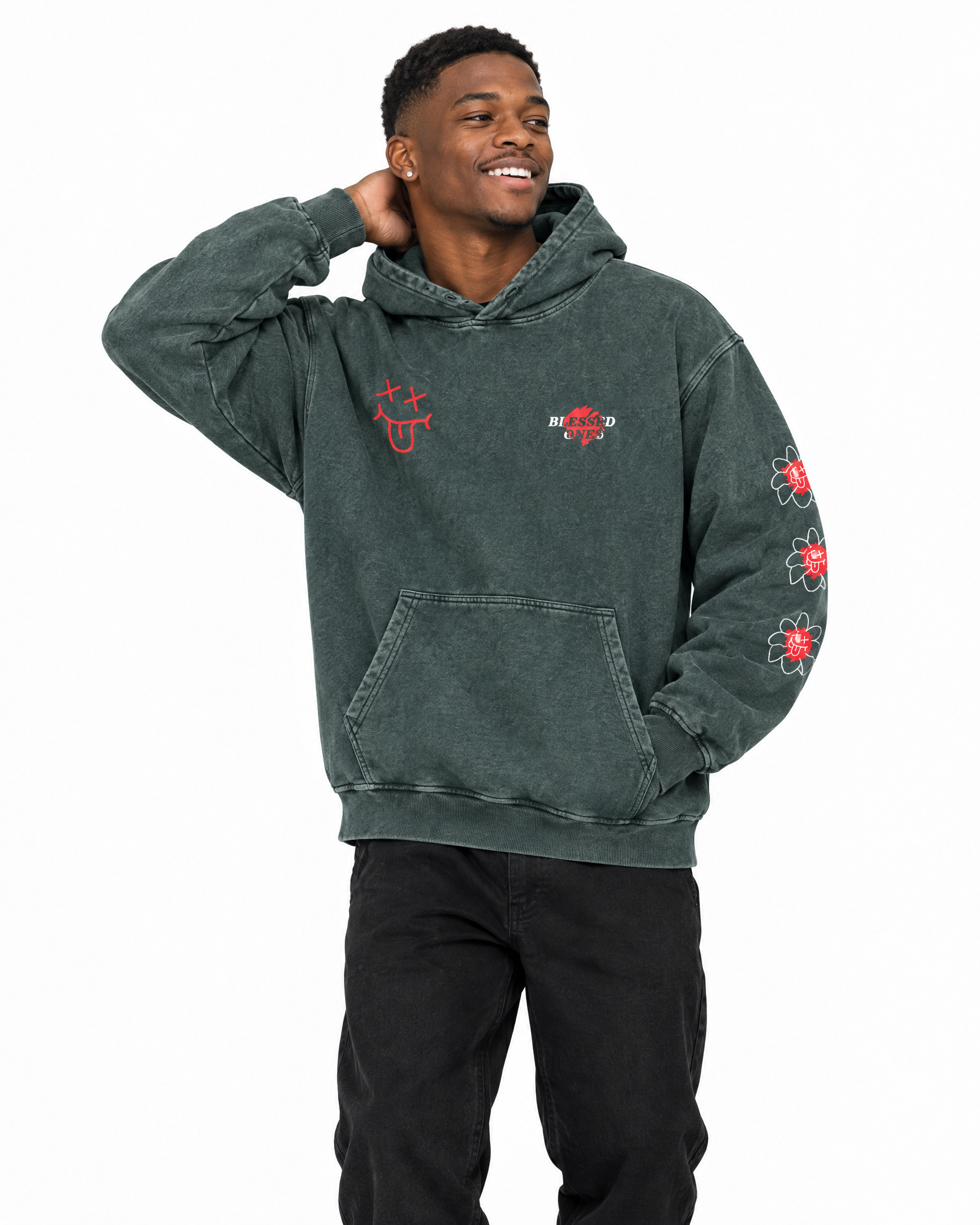 Never Alone Hoodie — Snow Wash in Dark Green, worn by a model