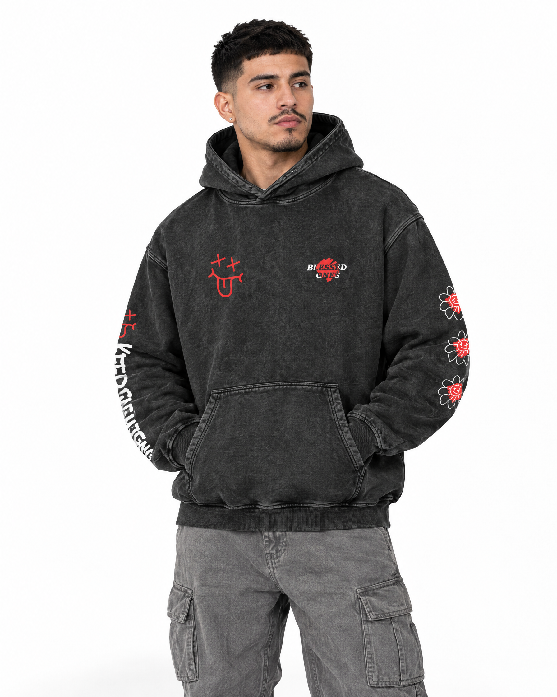 Never Alone Hoodie — Snow Wash in Black Beauty, worn by a model