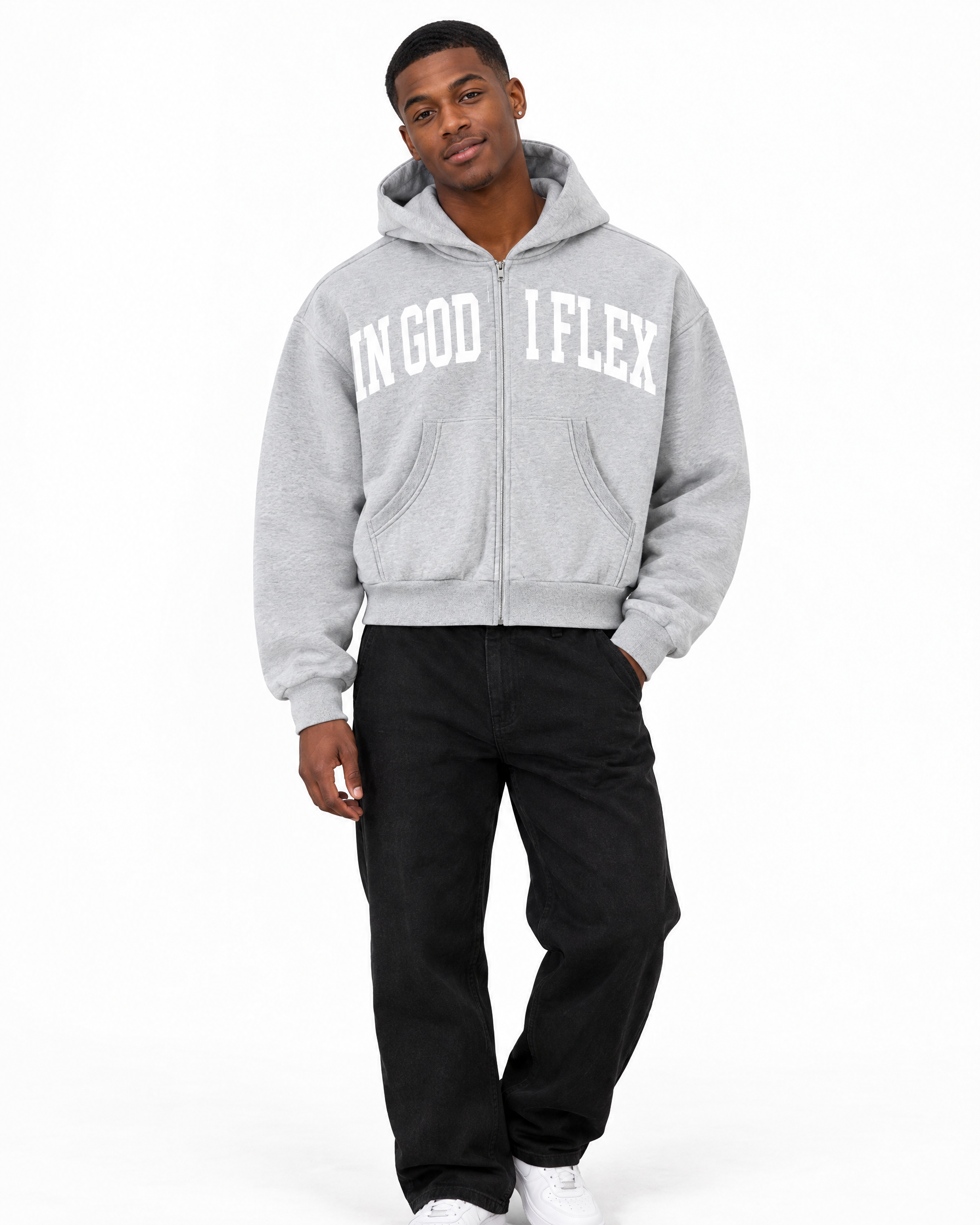 IGIF Boxy Full-Zip Hoodie in Flower Gray, worn by a model