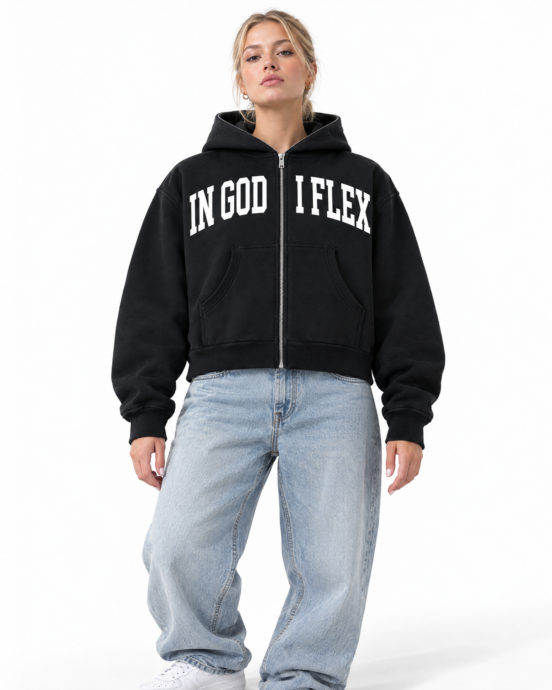 IGIF Boxy Full-Zip Hoodie in Black, worn by a model