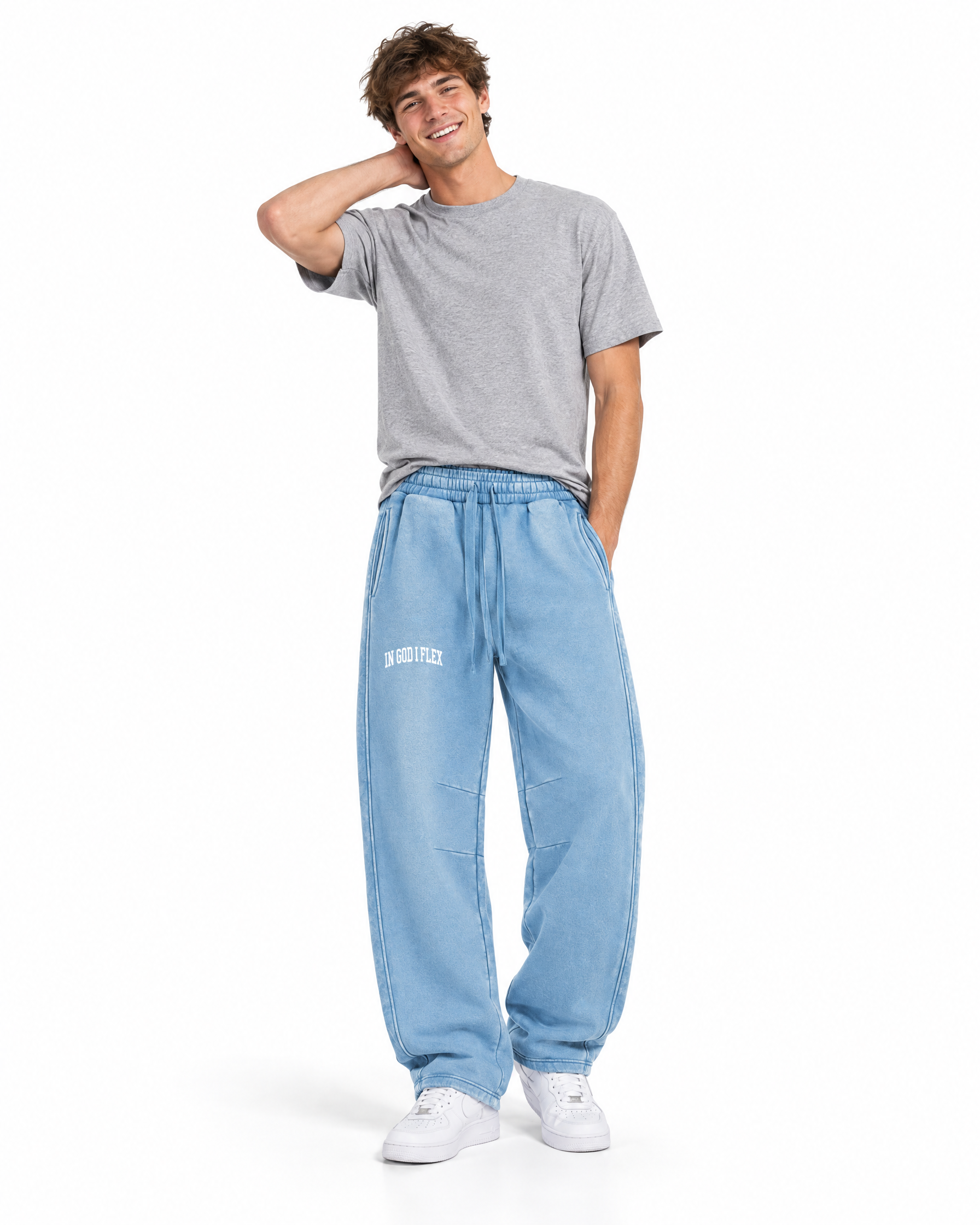IGIF Vintage Wash Barrel-Leg Sweatpants in Light Blue, worn by a model