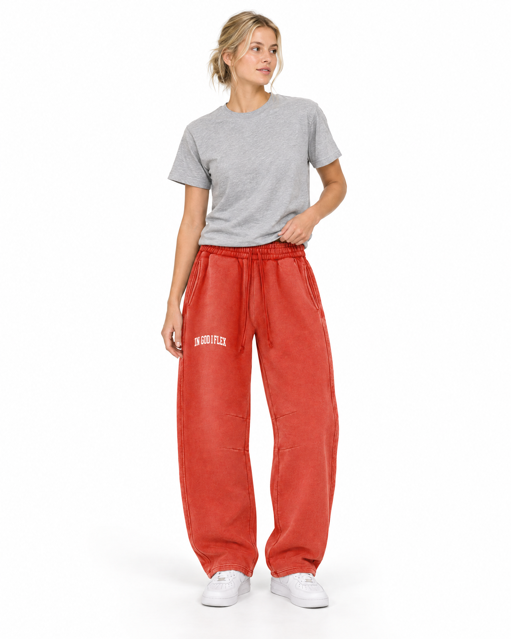 IGIF Vintage Wash Barrel-Leg Sweatpants in Washed Red, worn by a model