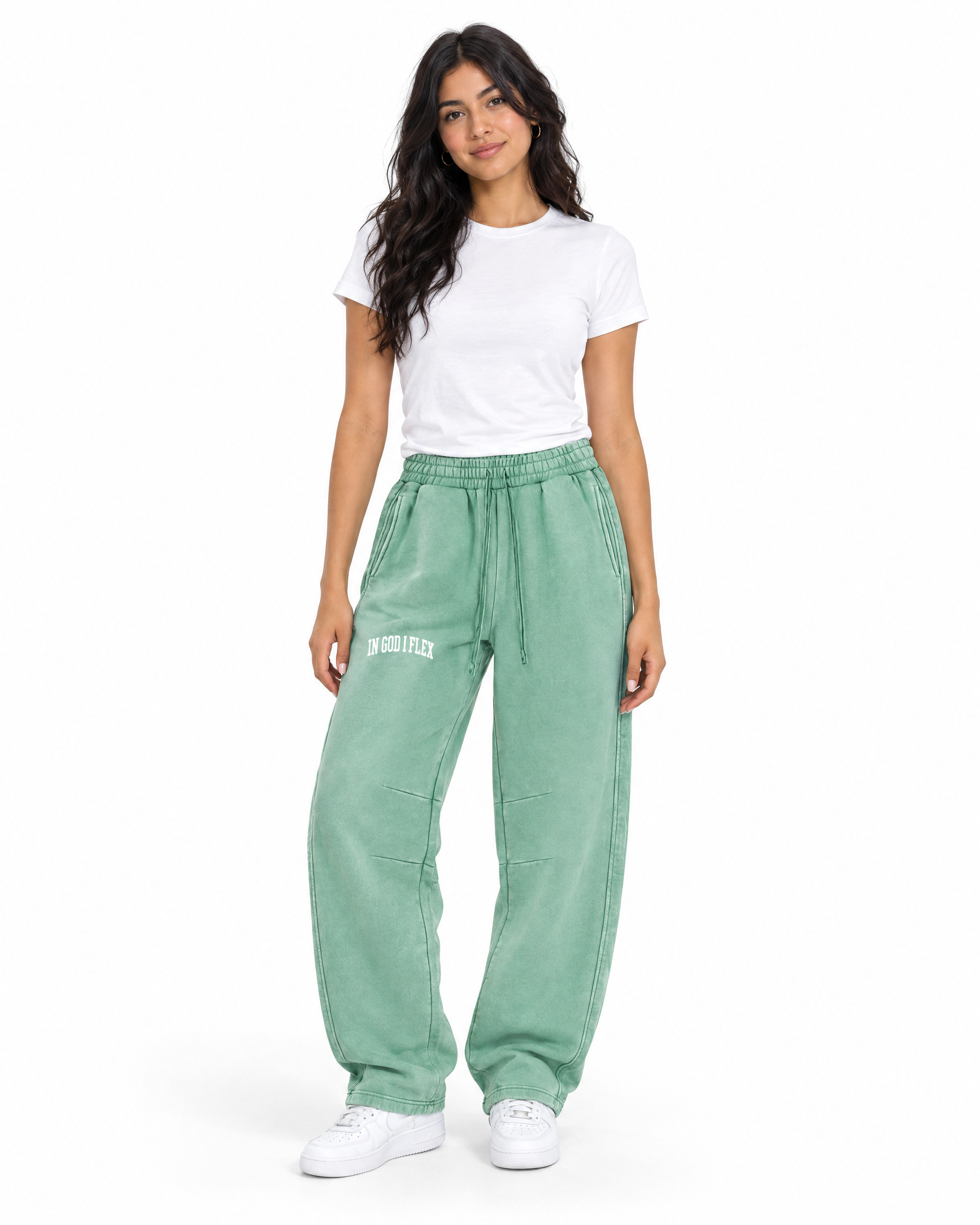 IGIF Vintage Wash Barrel-Leg Sweatpants in Mint Green, worn by a model