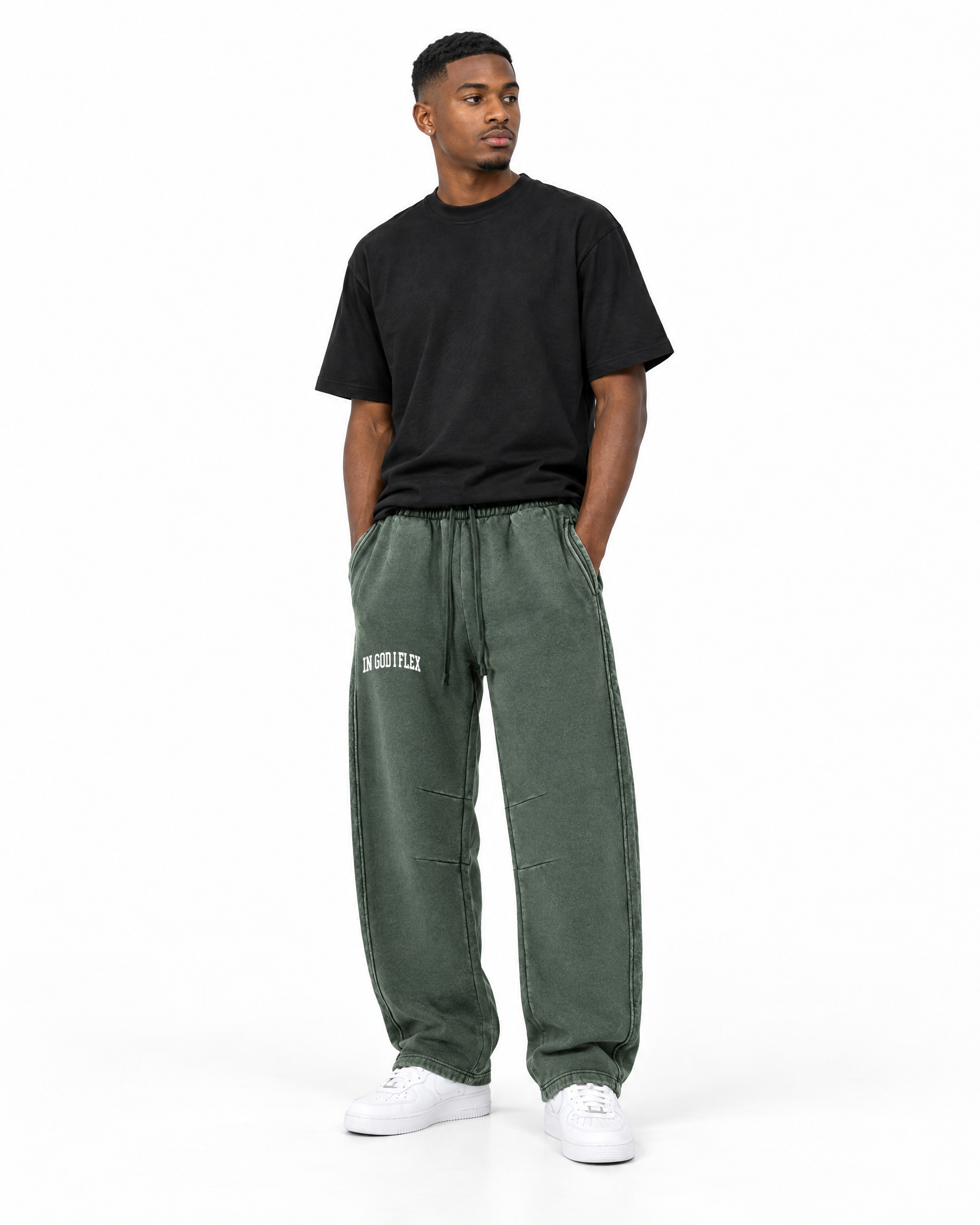 IGIF Vintage Wash Barrel-Leg Sweatpants in Washed Green, worn by a model