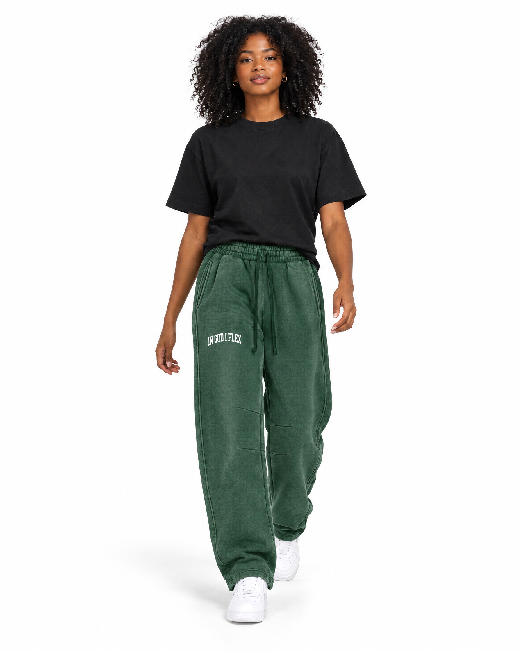 IGIF Vintage Wash Barrel-Leg Sweatpants in Dark Green, worn by a model