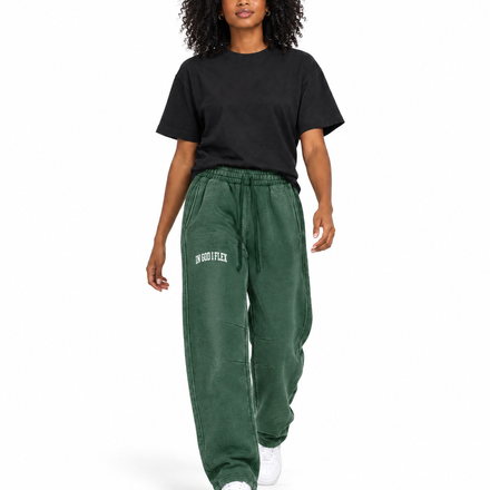IGIF Vintage Wash Barrel-Leg Sweatpants in Dark Green, worn by a model