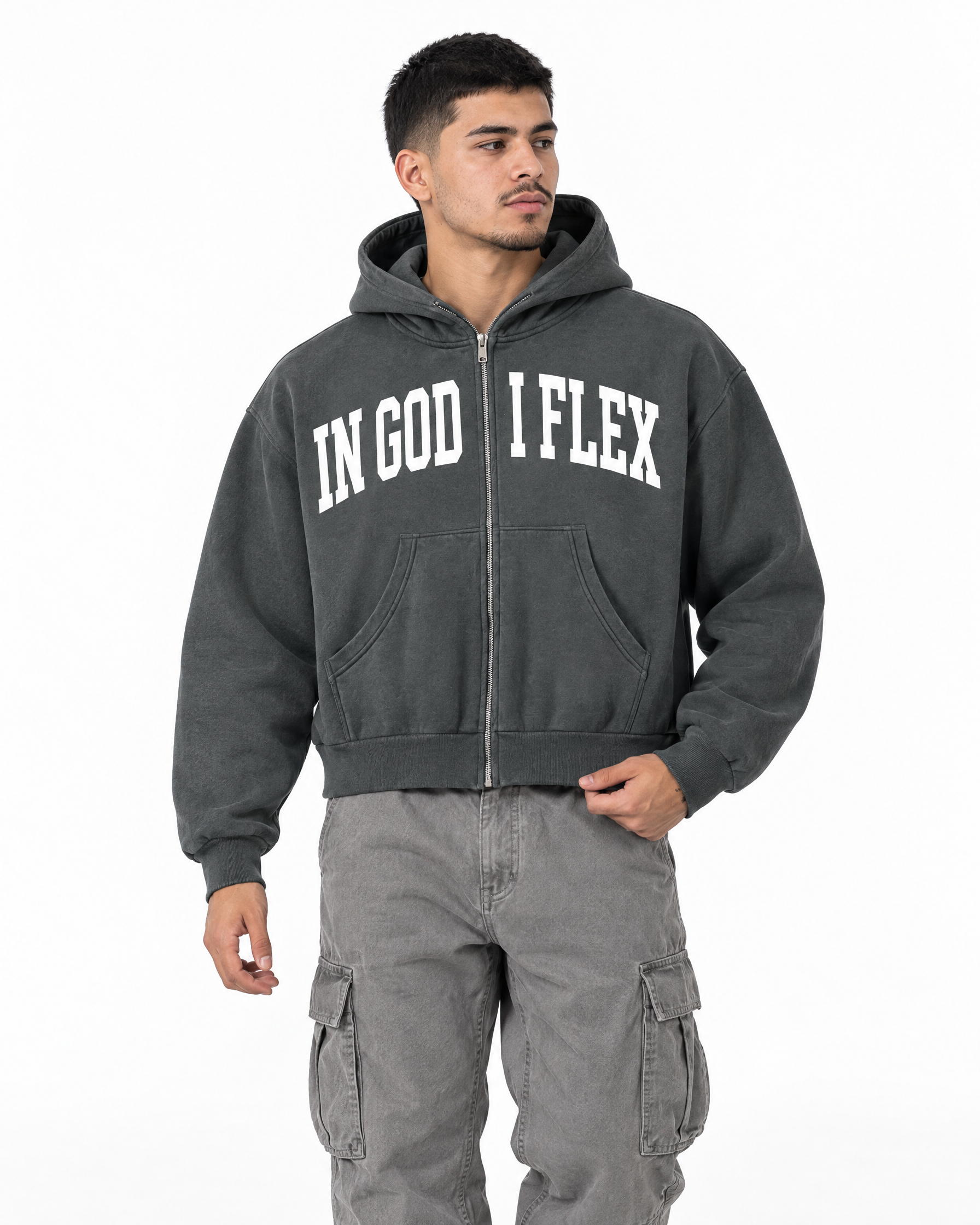 IGIF Boxy Full-Zip Hoodie in Charcoal Gray, worn by a model