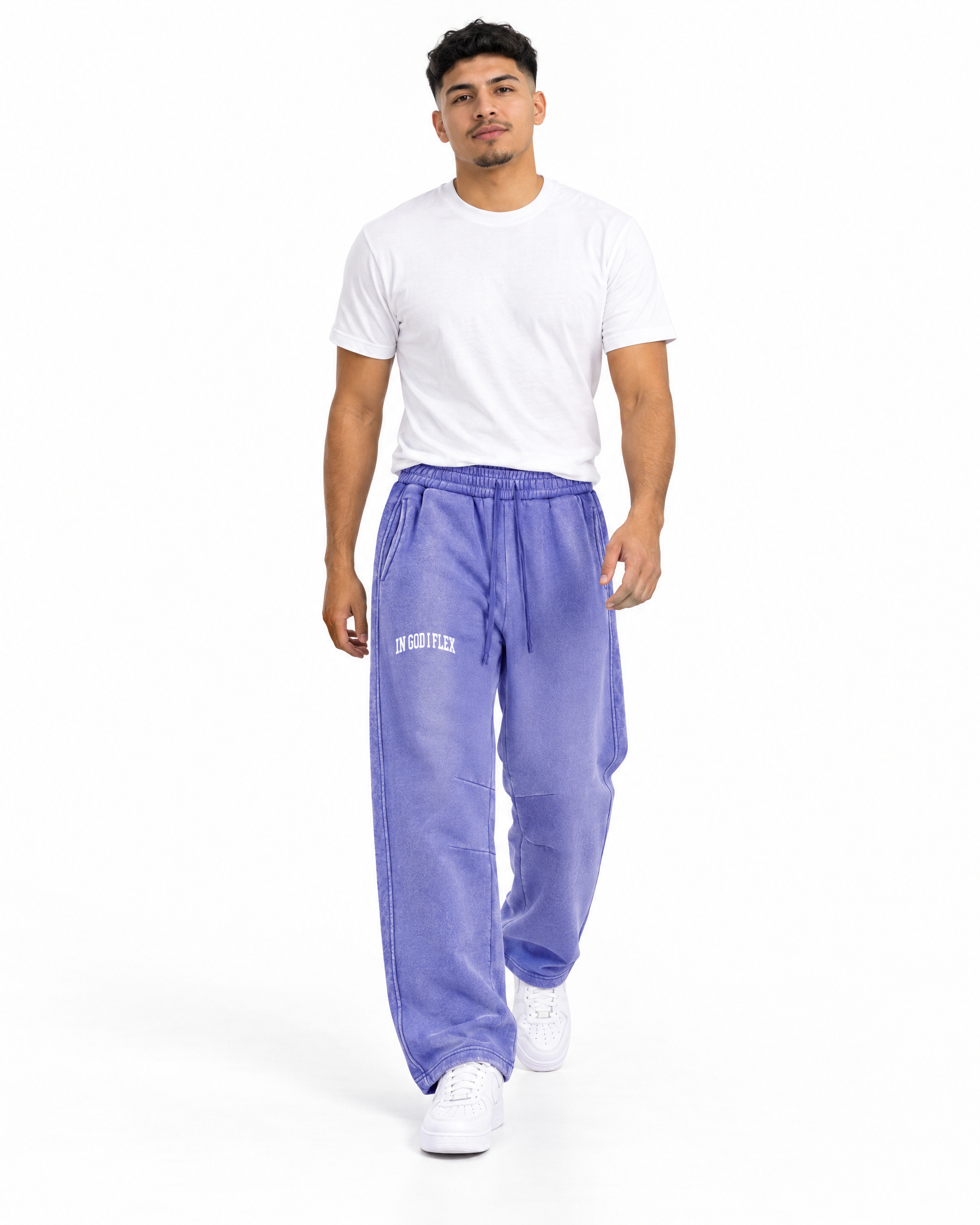 IGIF Vintage Wash Barrel-Leg Sweatpants in Purple, worn by a model