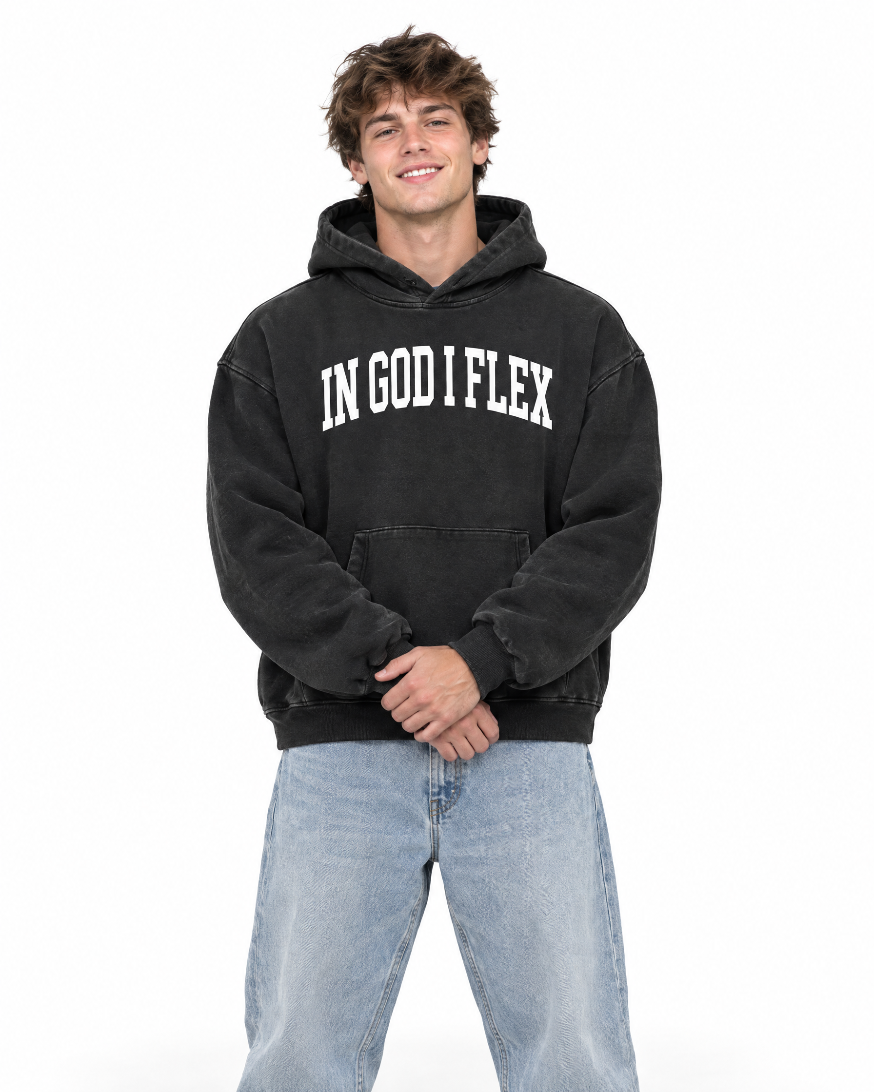 IGIF Vintage Wash Boxy Hoodie in Black, worn by a model