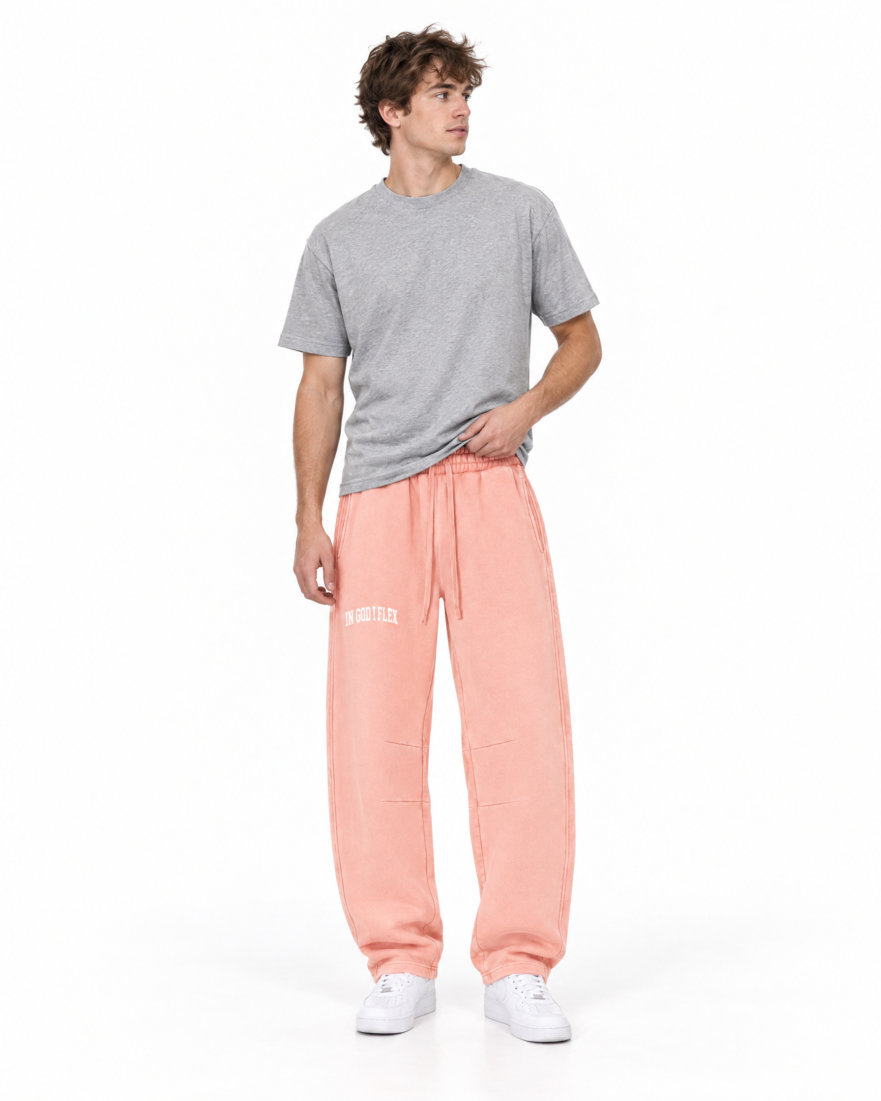 IGIF Vintage Wash Barrel-Leg Sweatpants in Light Pink, worn by a model