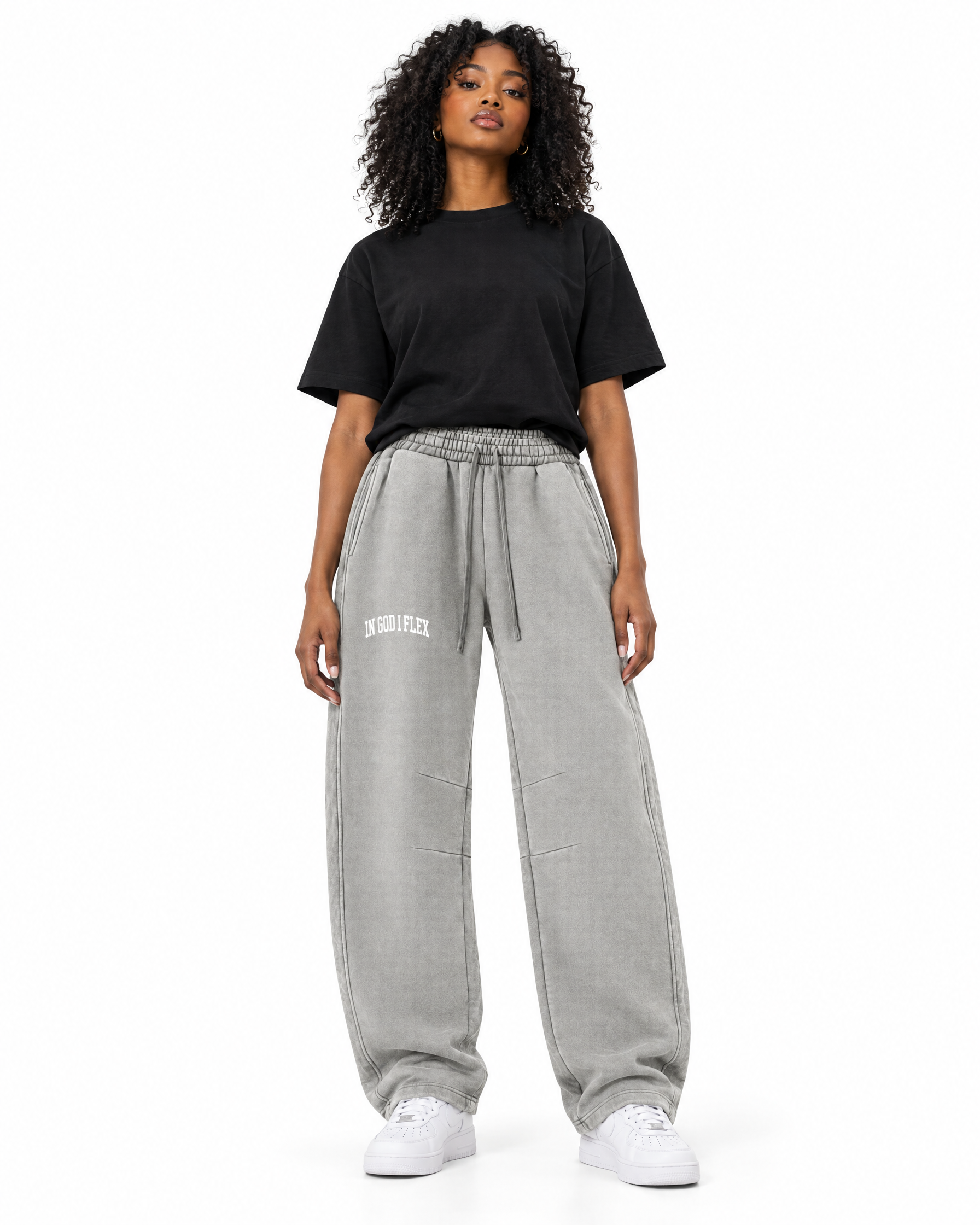 IGIF Vintage Wash Barrel-Leg Sweatpants in Light Gray, worn by a model