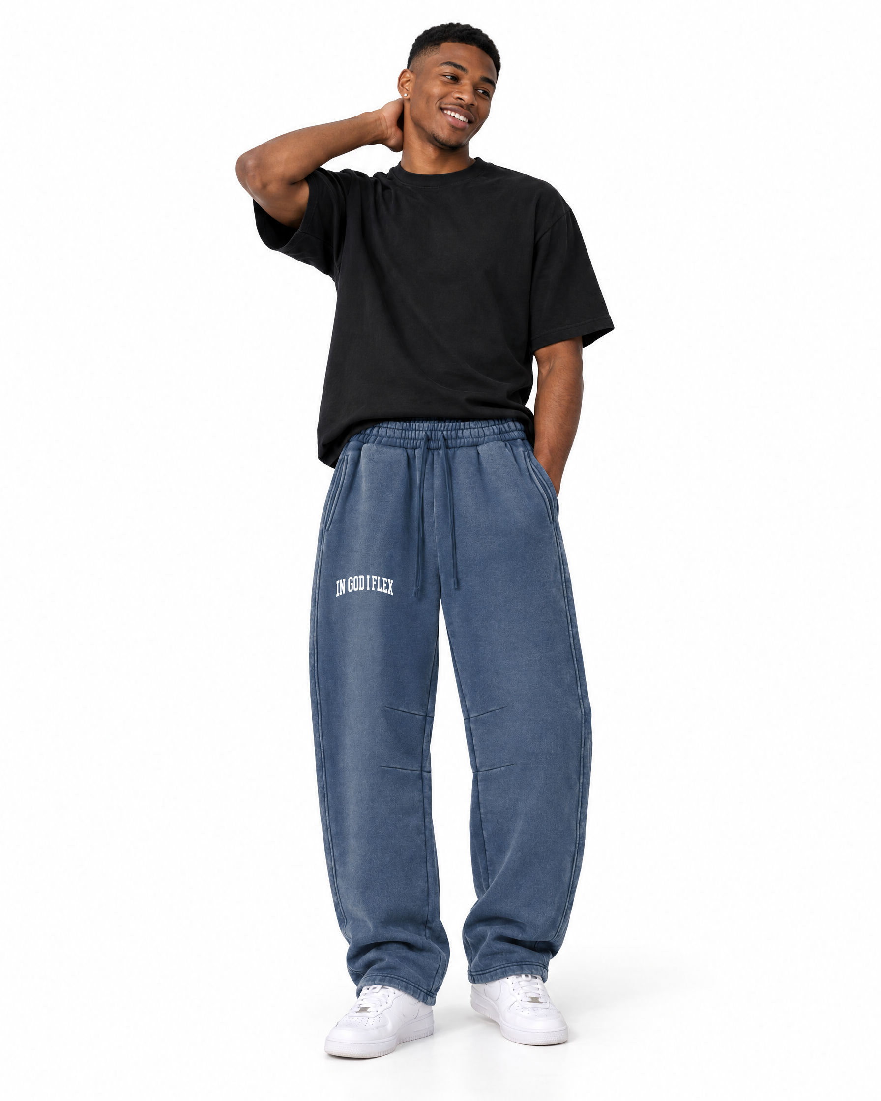 IGIF Vintage Wash Barrel-Leg Sweatpants in Washed Blue, worn by a model