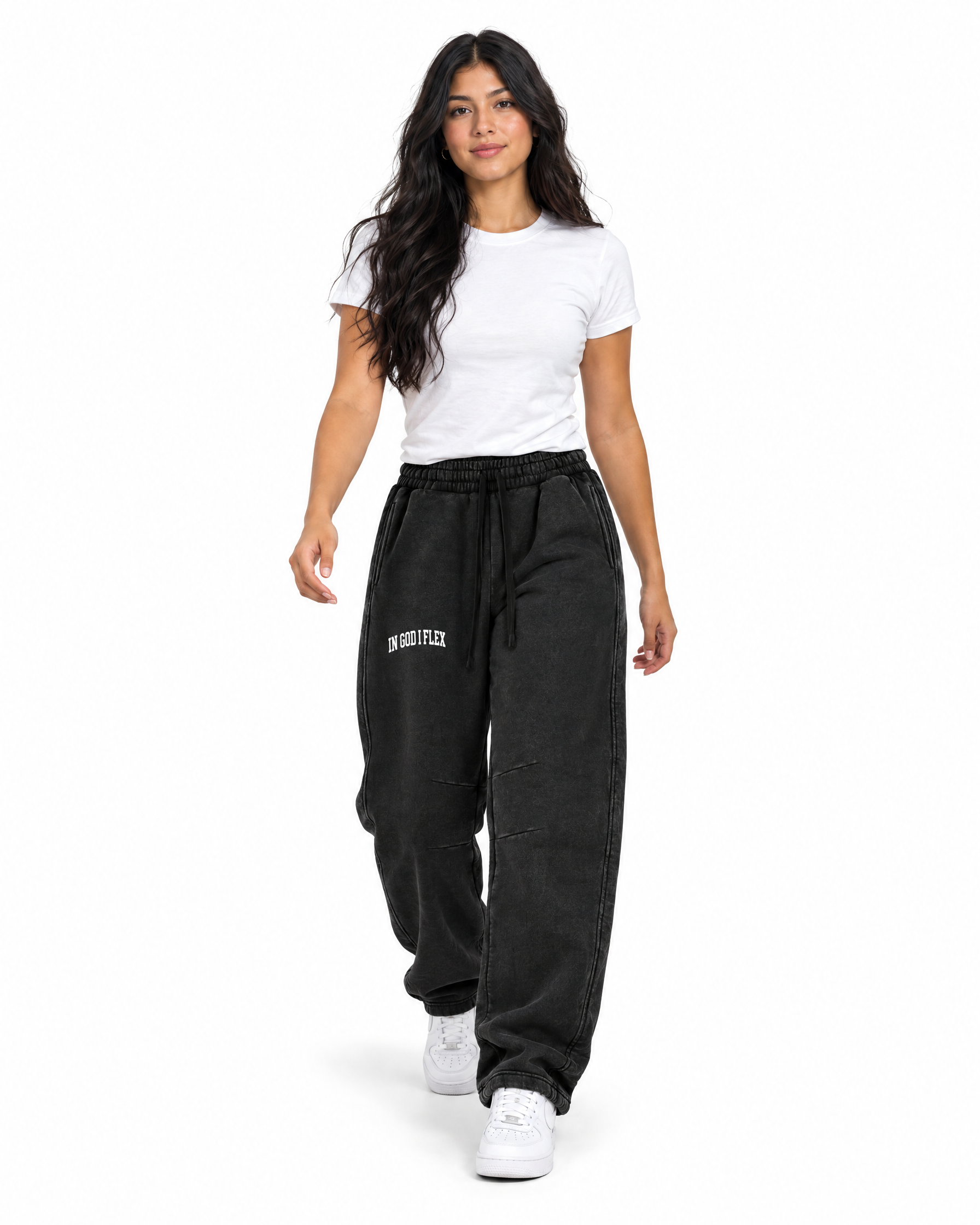 IGIF Vintage Wash Barrel-Leg Sweatpants in Black, worn by a model