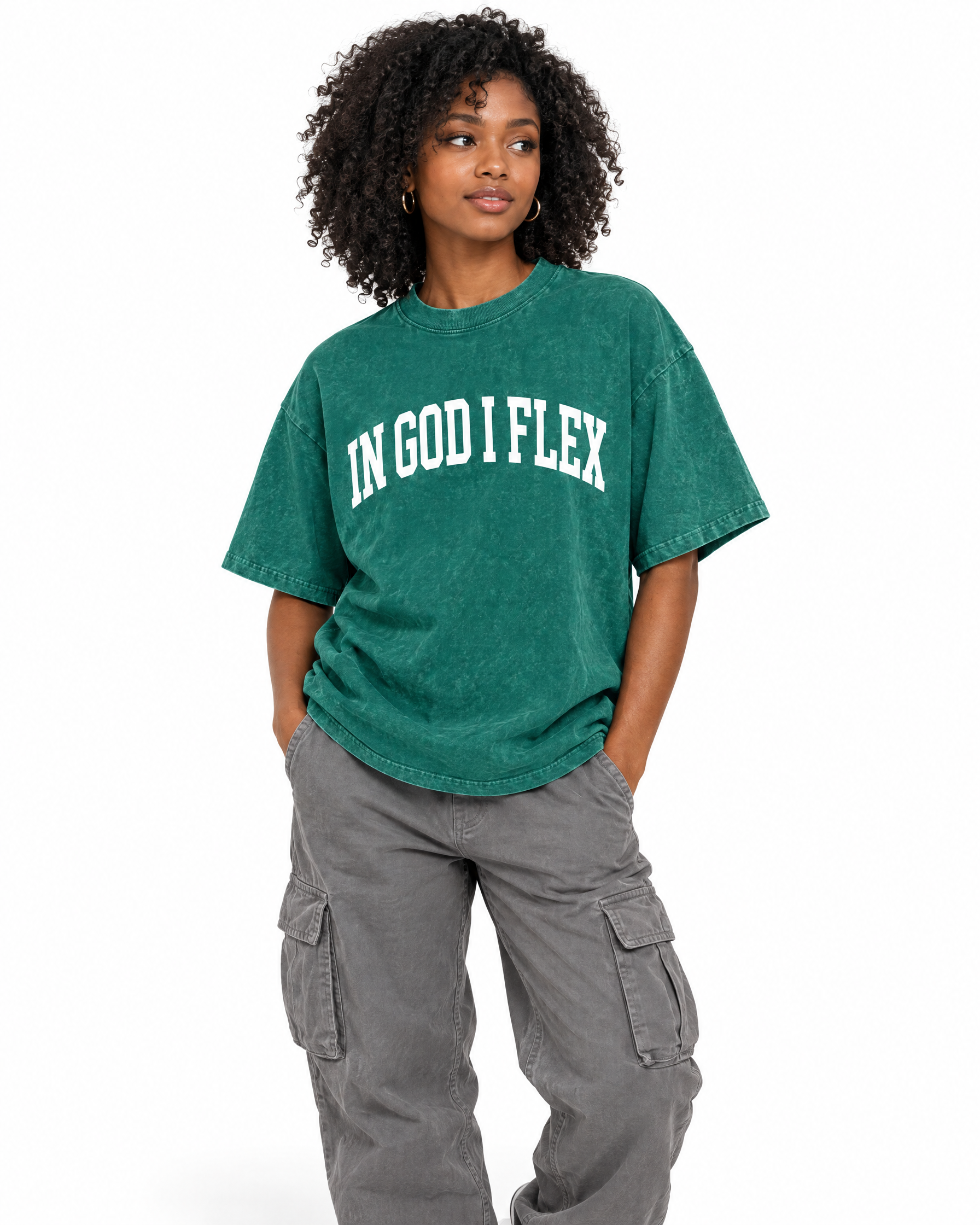 IGIF Snow Wash Oversized Tee in Dark Green, worn by a model