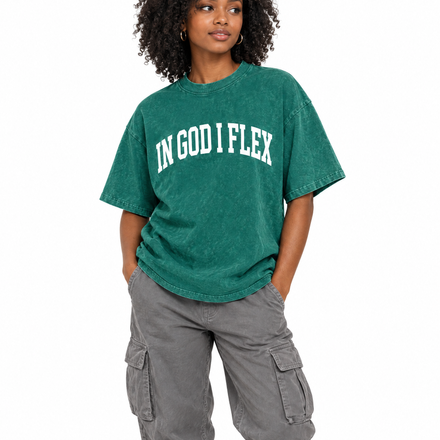 IGIF Snow Wash Oversized Tee in Dark Green, worn by a model