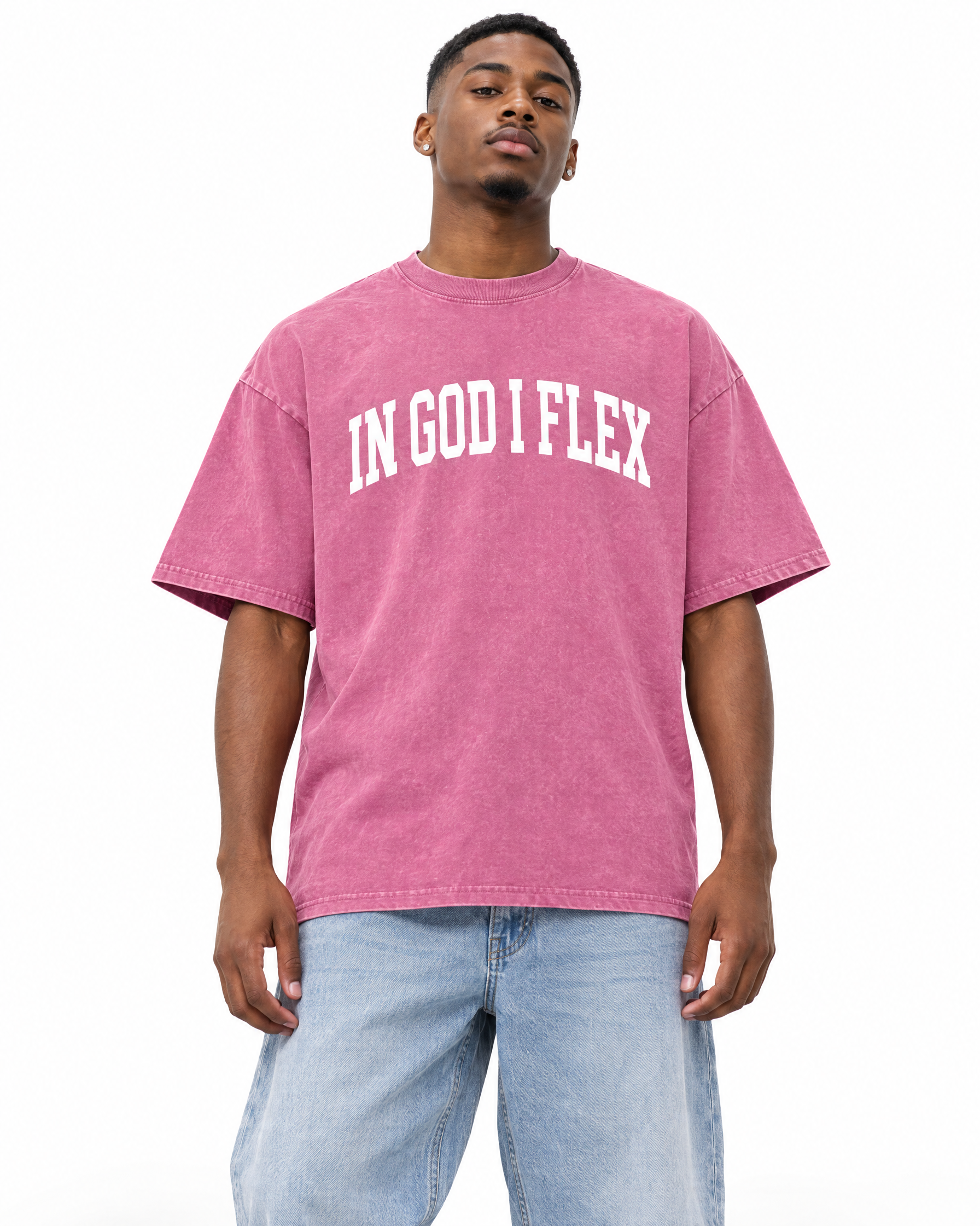 IGIF Snow Wash Oversized Tee in Rose Red, worn by a model
