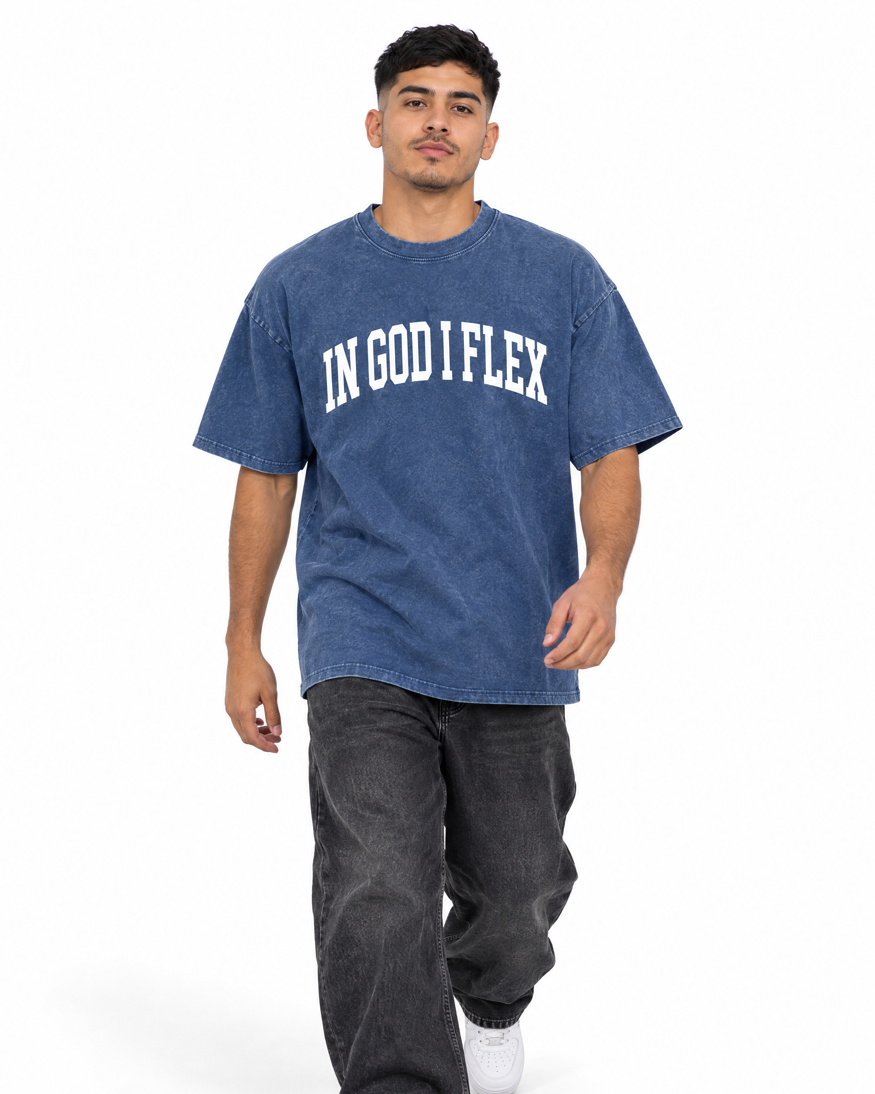 IGIF Snow Wash Oversized Tee in Dark Blue, worn by a model
