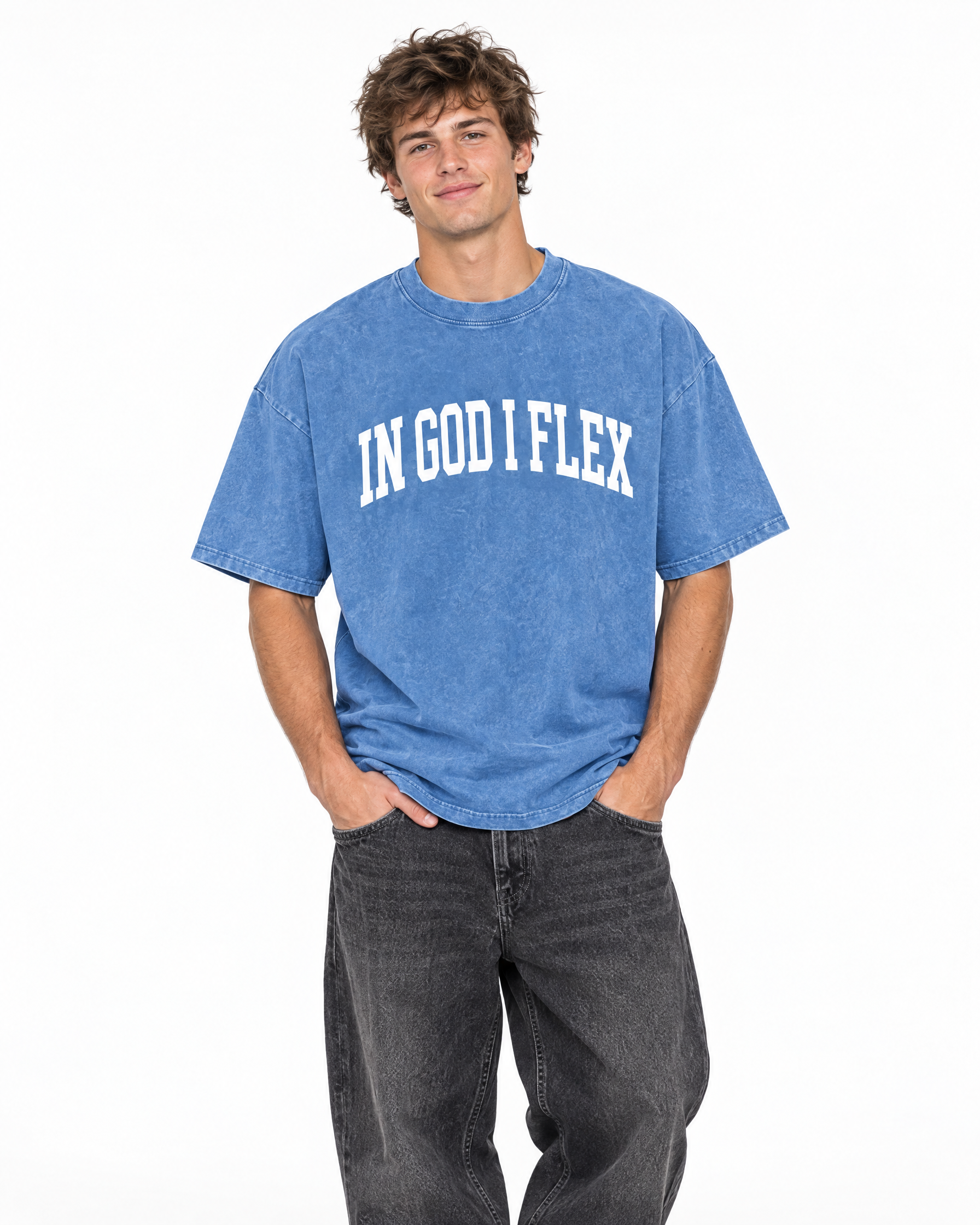 IGIF Snow Wash Oversized Tee in Light Blue, worn by a model