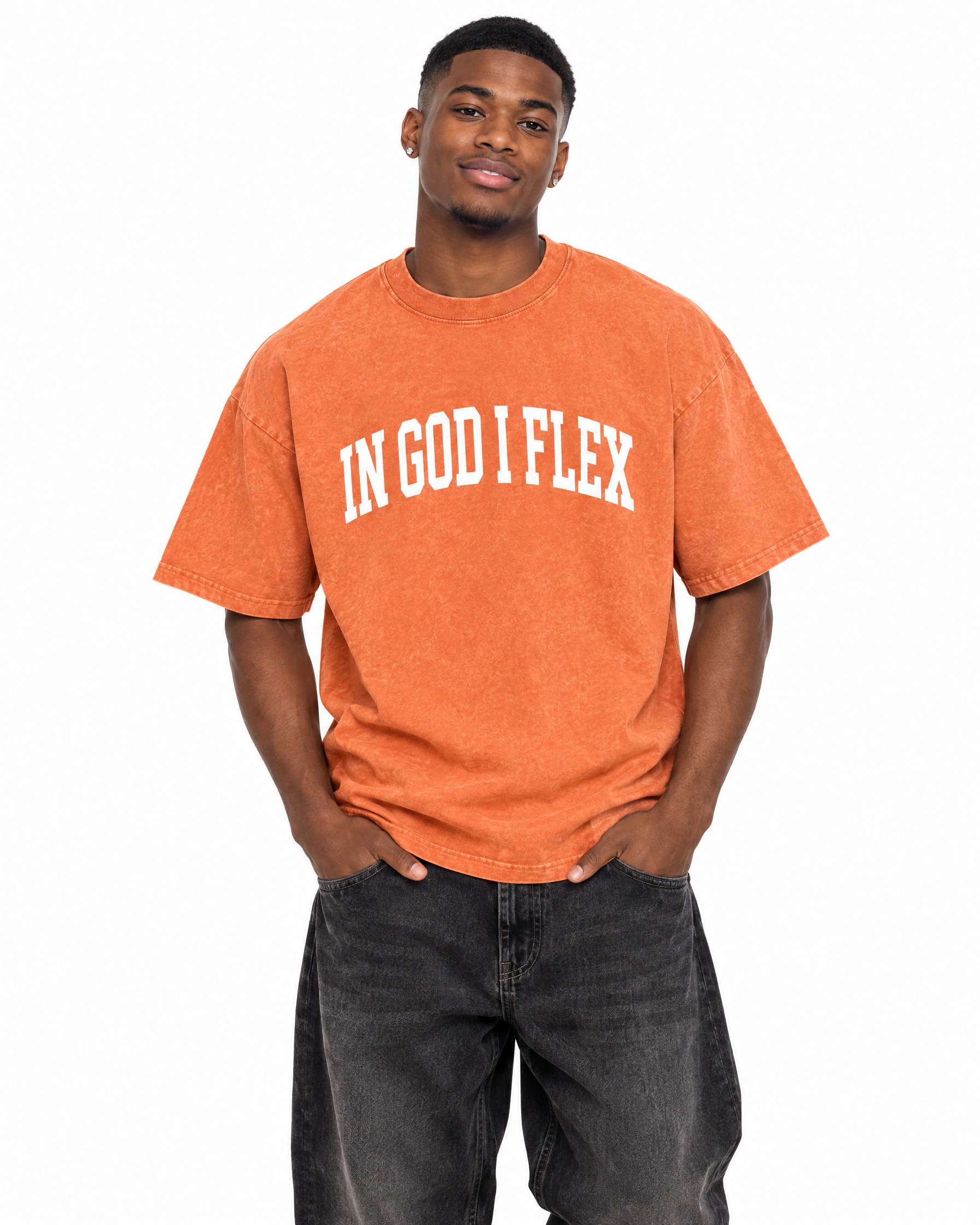 IGIF Snow Wash Oversized Tee in Orange, worn by a model