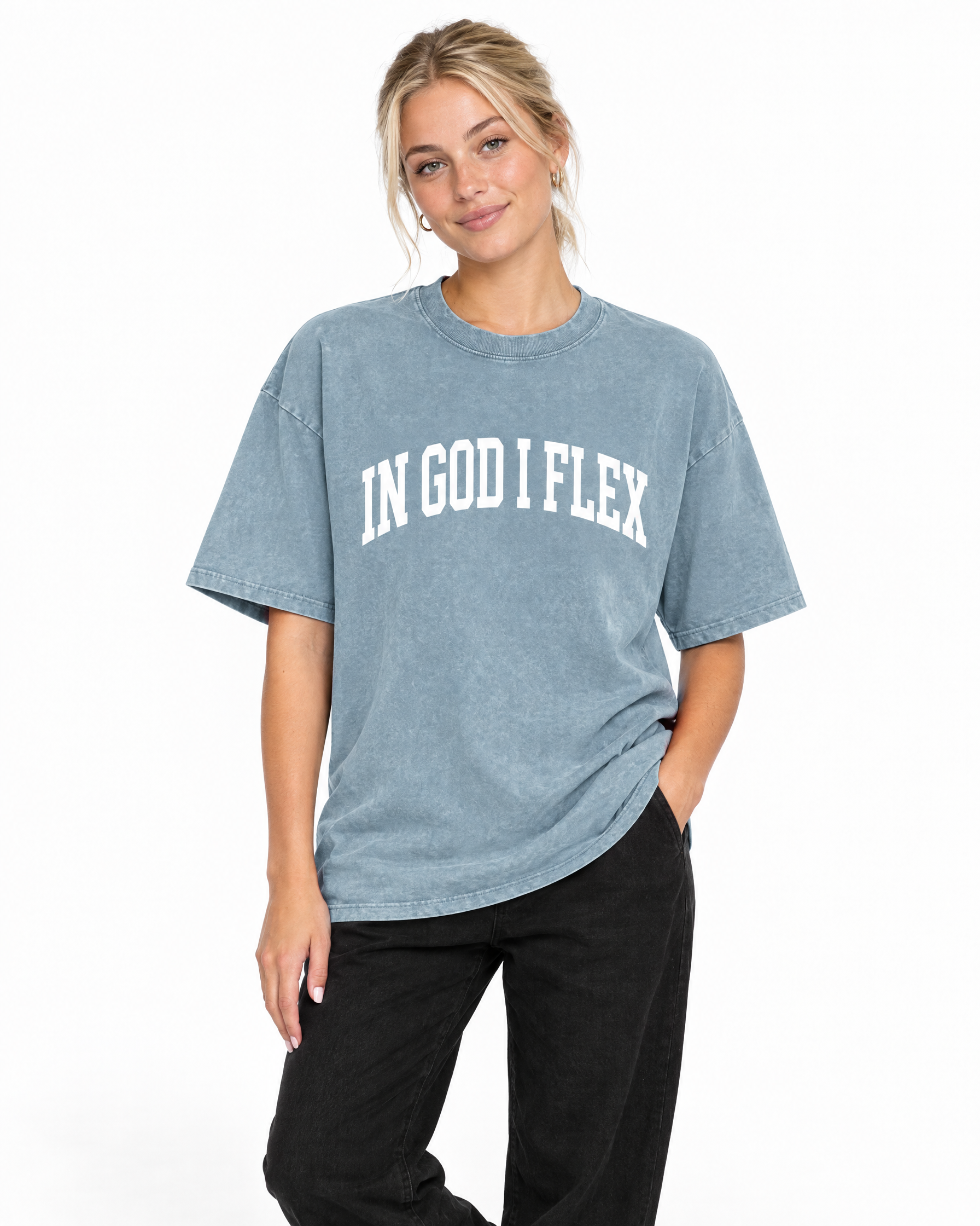 IGIF Snow Wash Oversized Tee in Blue Jeans, worn by a model