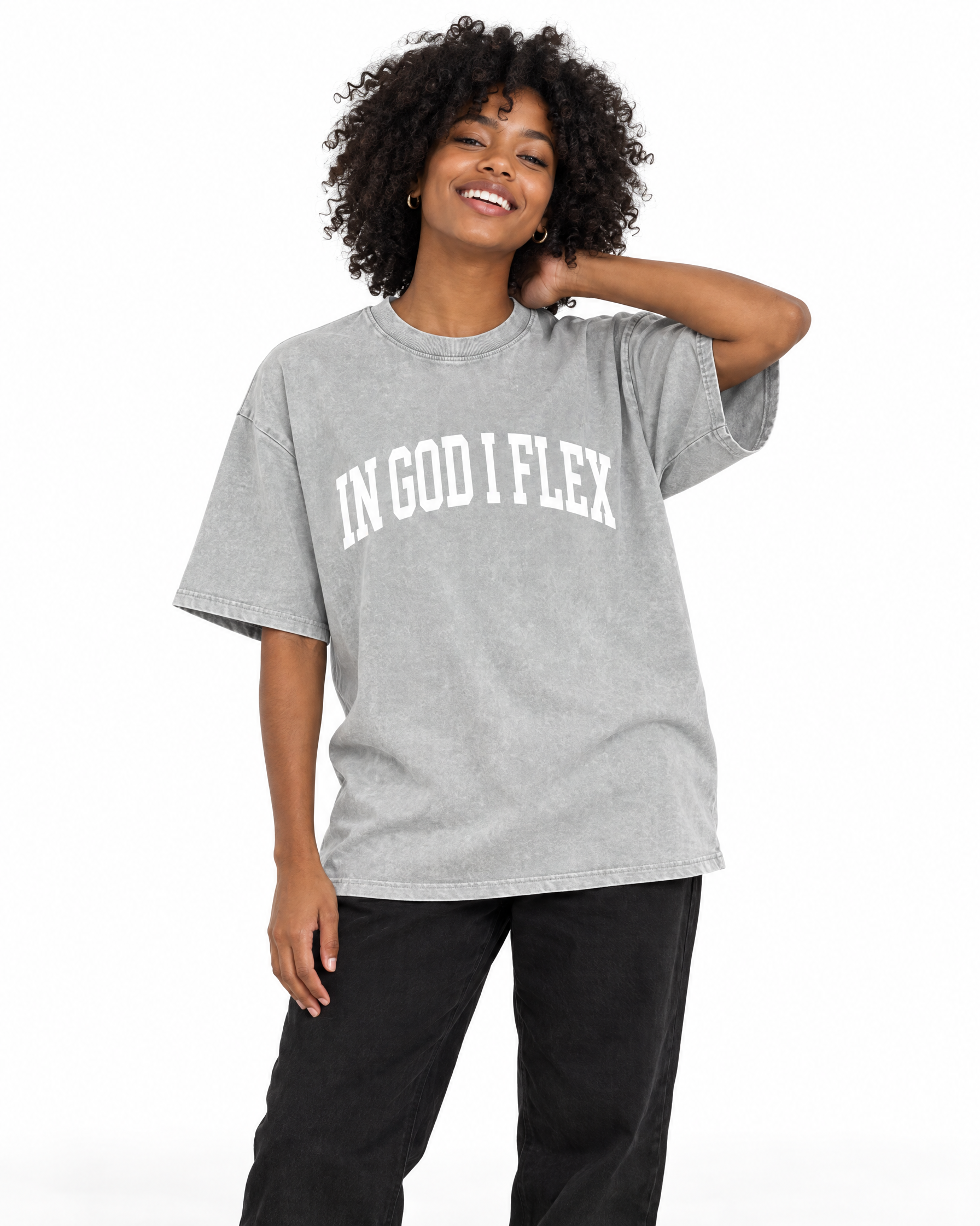 IGIF Snow Wash Oversized Tee in Light Gray, worn by a model