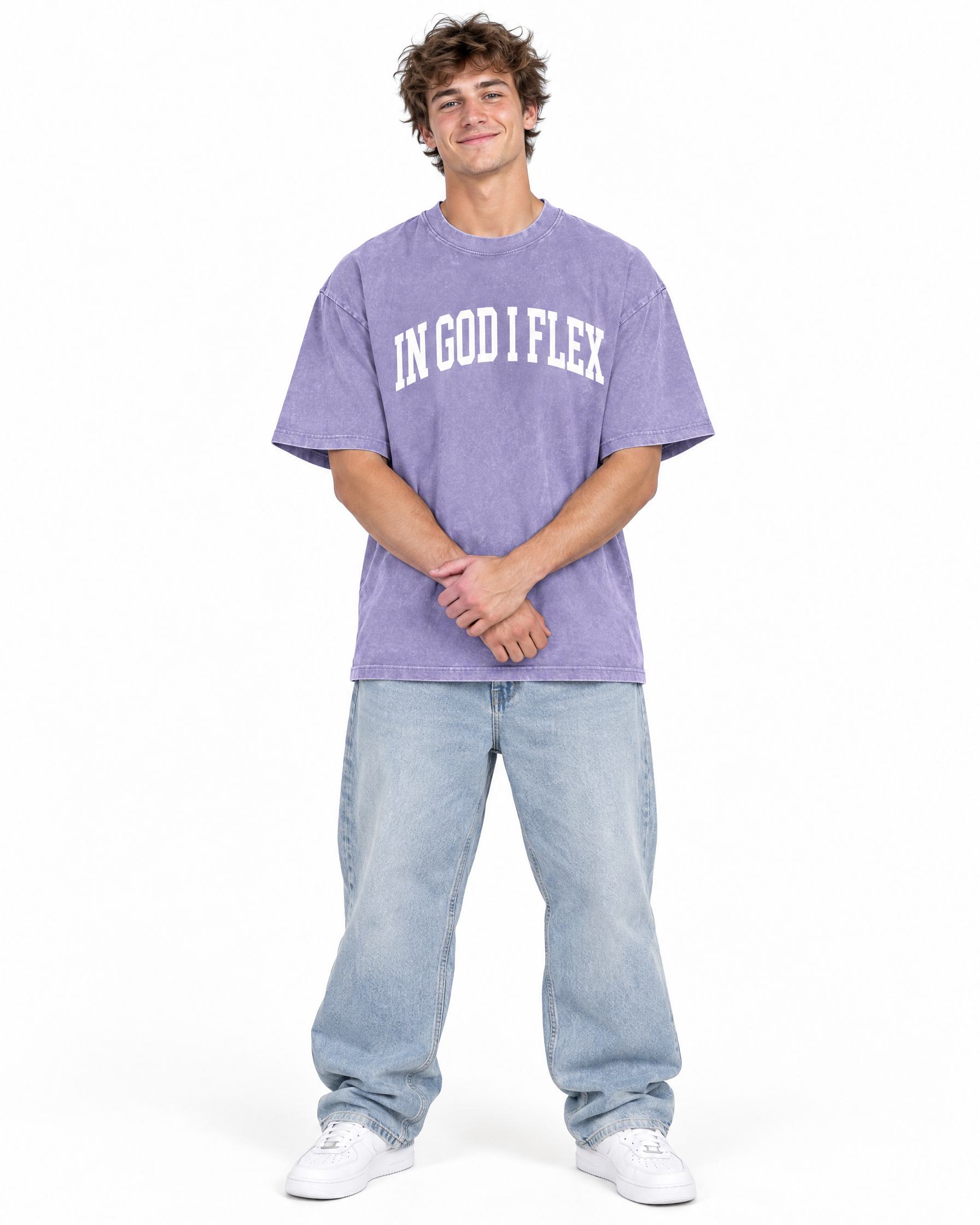IGIF Snow Wash Oversized Tee in Light Purple, worn by a model