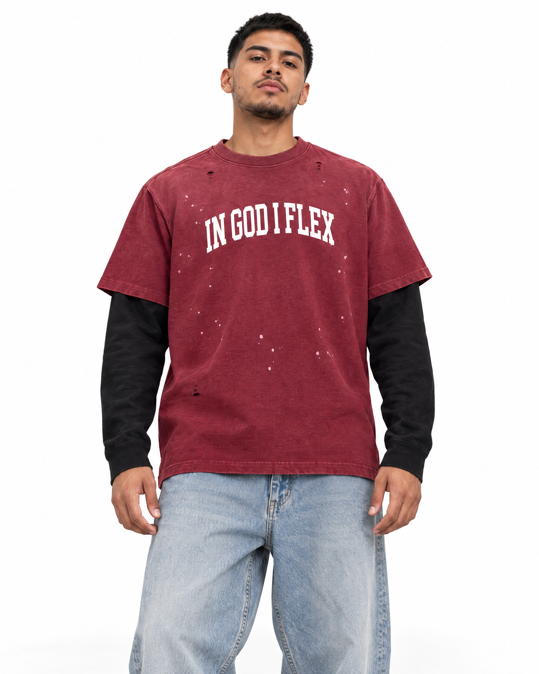 IGIF Vintage Wash Layered Tee in Dark Red with Black, worn by a model