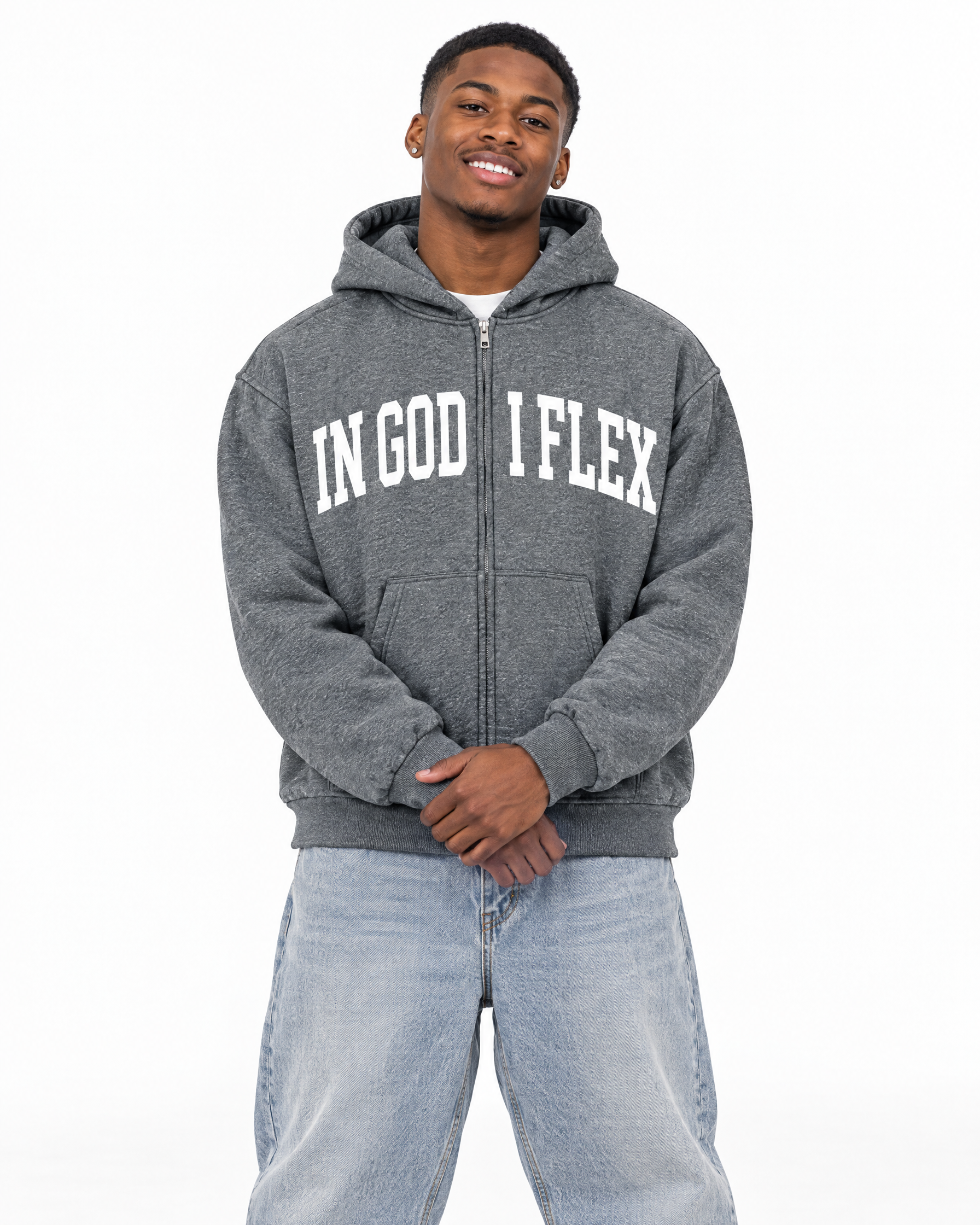 Let It Shine Full-Zip Hoodie in Flower Gray, worn by a model