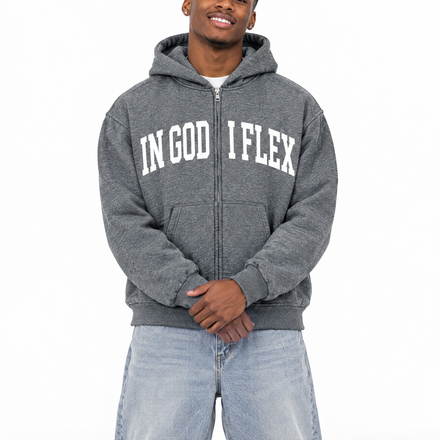 Let It Shine Full-Zip Hoodie in Flower Gray, worn by a model