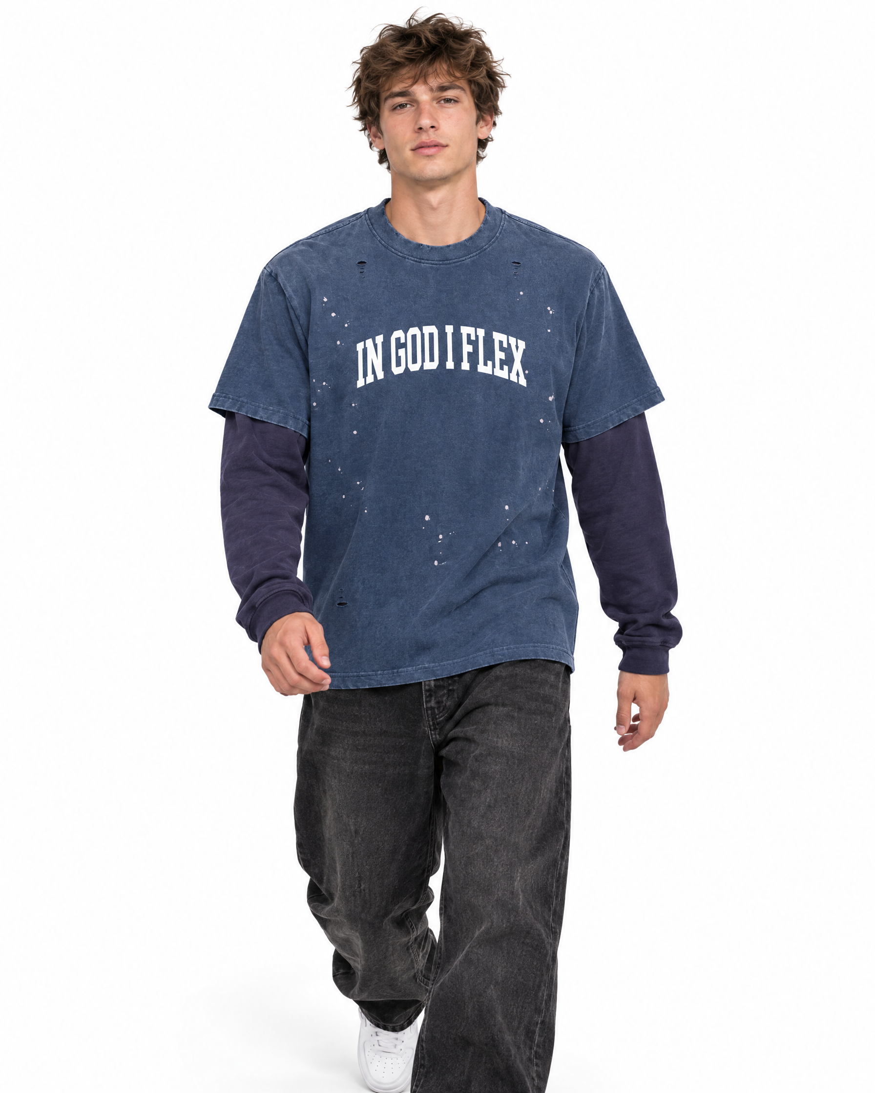 IGIF Vintage Wash Layered Tee in Jeans Blue with Purple, worn by a model
