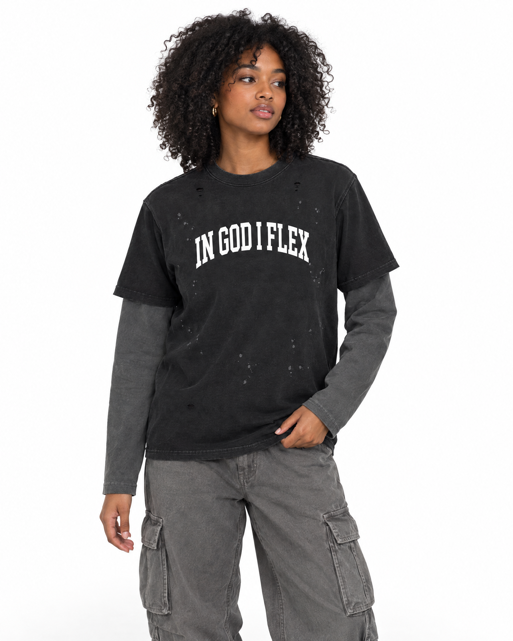 IGIF Vintage Wash Layered Tee in Black with Gray, worn by a model